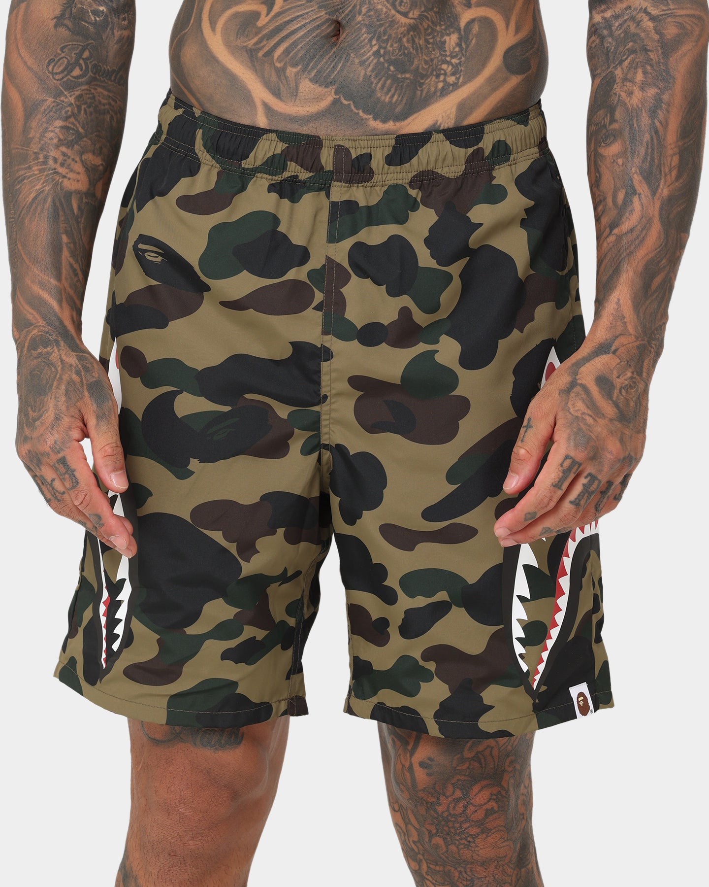 BAPE 1st Camo Side Shark Beach Shorts for Men - Army Green Swim Trunks for Summer, Pool, and Beach Vacations