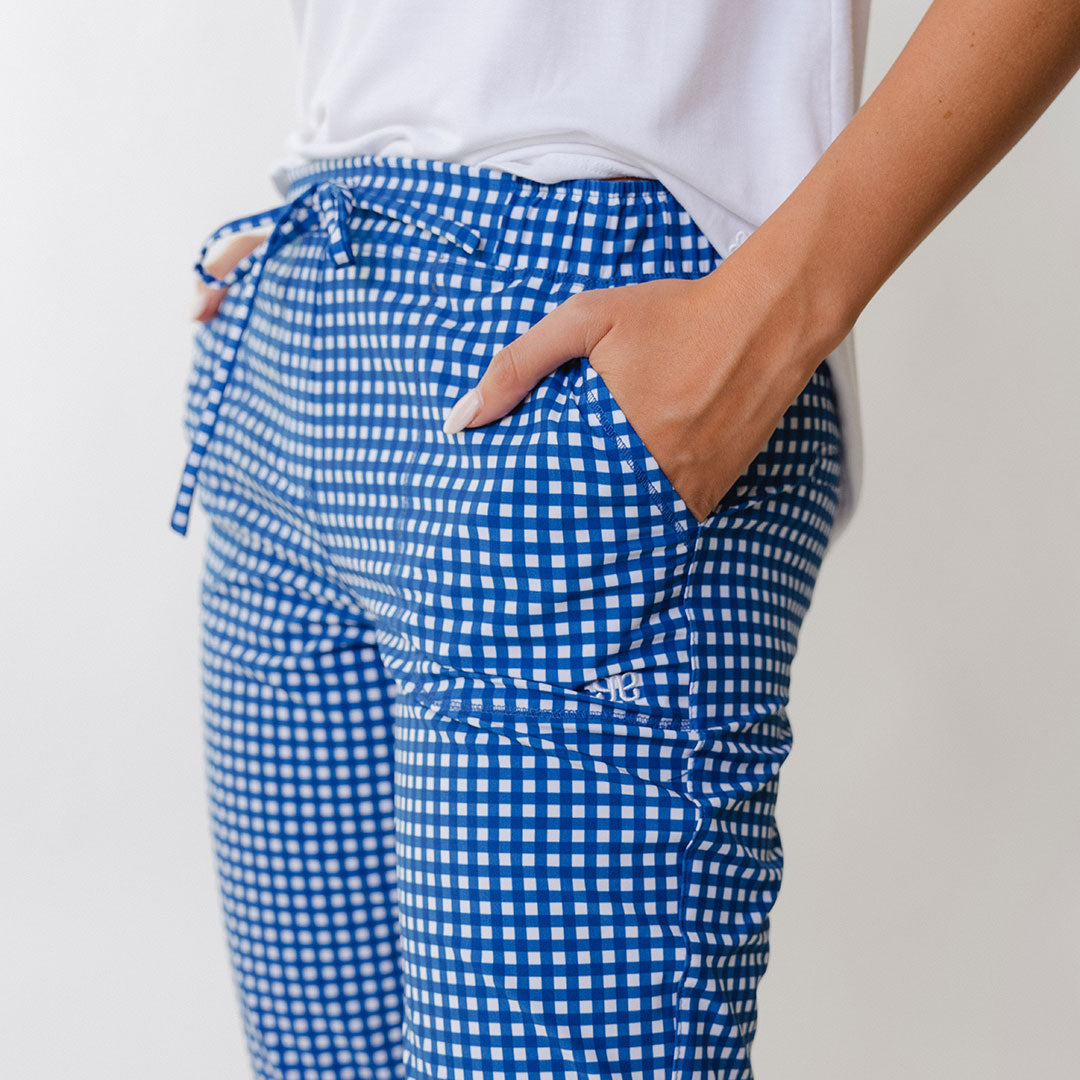 Blue Gingham Jetsetters - Stylish and Comfortable Travel Outfit for Women | Perfect for Vacations, Road Trips, and Summer Adventures