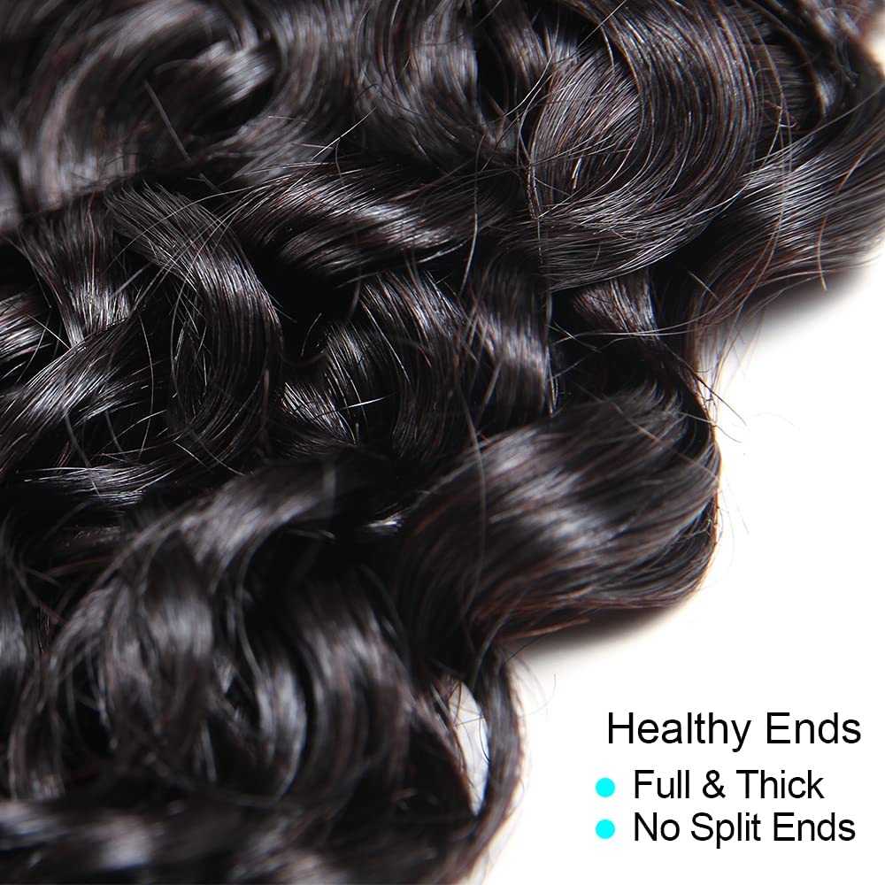 UDU 9A Brazilian Virgin Human Hair Bundles with Closure - Water Wave Curly Hair Extensions, 100% Natural Black, 50g/Bundle (8 8 8+8Closure) for Stunning Beach Waves & Everyday Glamorous Look