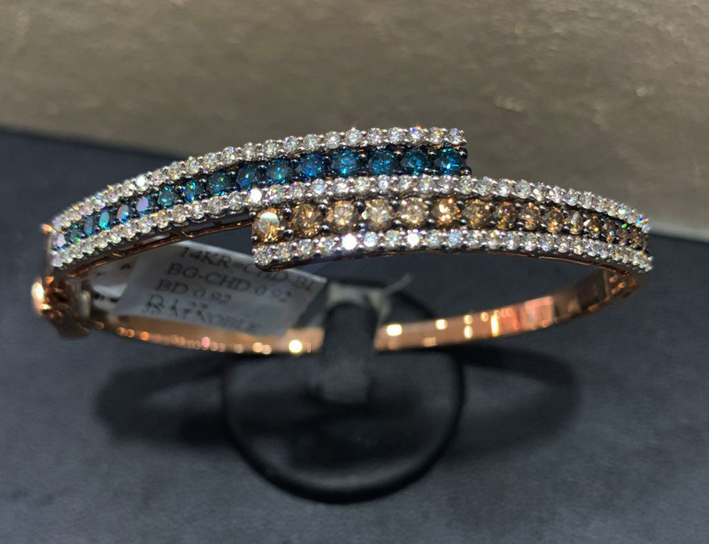14K Rose Gold Chocolate, Blue & White Diamond Bangle Bracelet for Women - Elegant Jewelry Gift for Anniversary, Birthday & Special Occasions