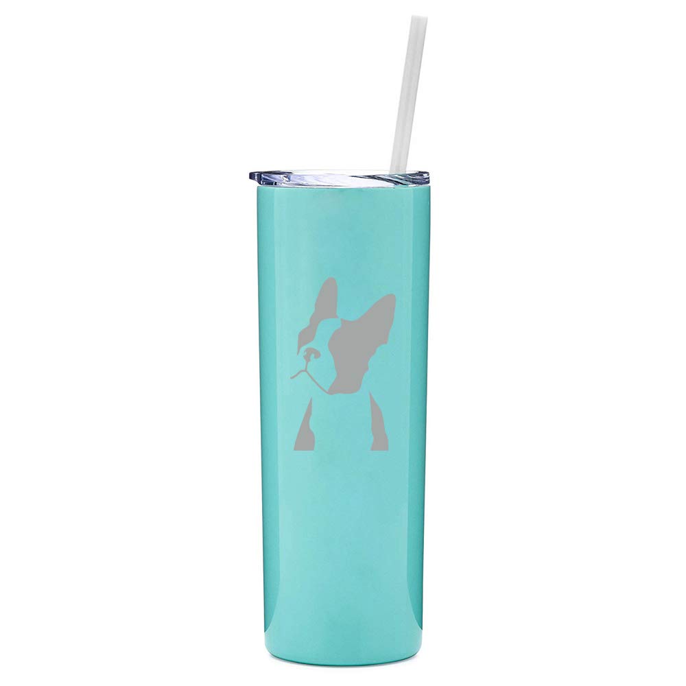 20 oz Skinny Tall Stainless Steel Vacuum Insulated Tumbler with Straw - Cute Boston Terrier Design, Light Blue - Perfect Travel Mug for Coffee, Tea & Cold Drinks, Ideal for Commuting, Work & Outdoor Activities