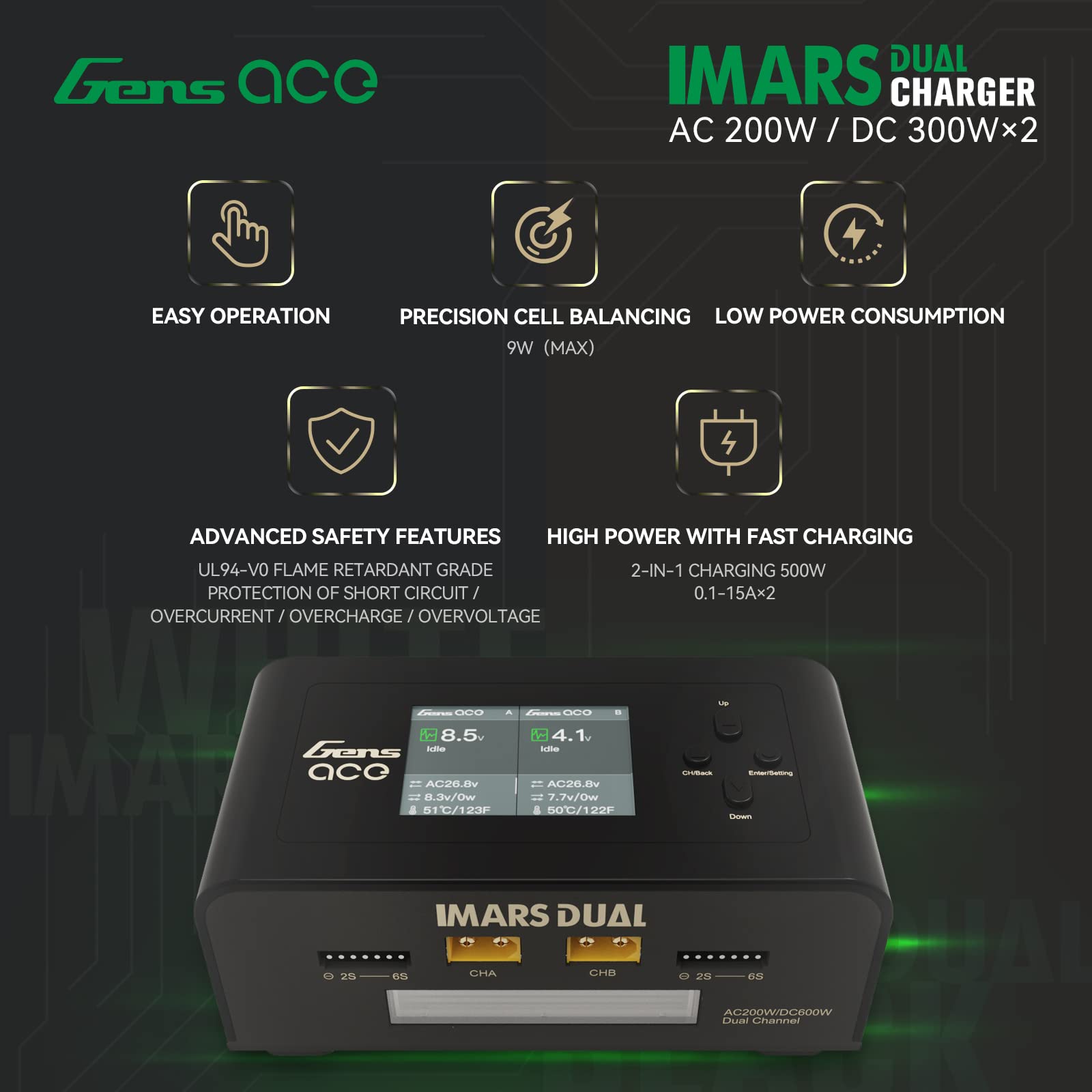Gens Ace Lipo Battery Charger - Imars Dual Smart Charger 15A AC 200W DC 600W for RC Cars, Drones, and Airplanes (Black) - Fast Charging for Hobbyists and Professionals