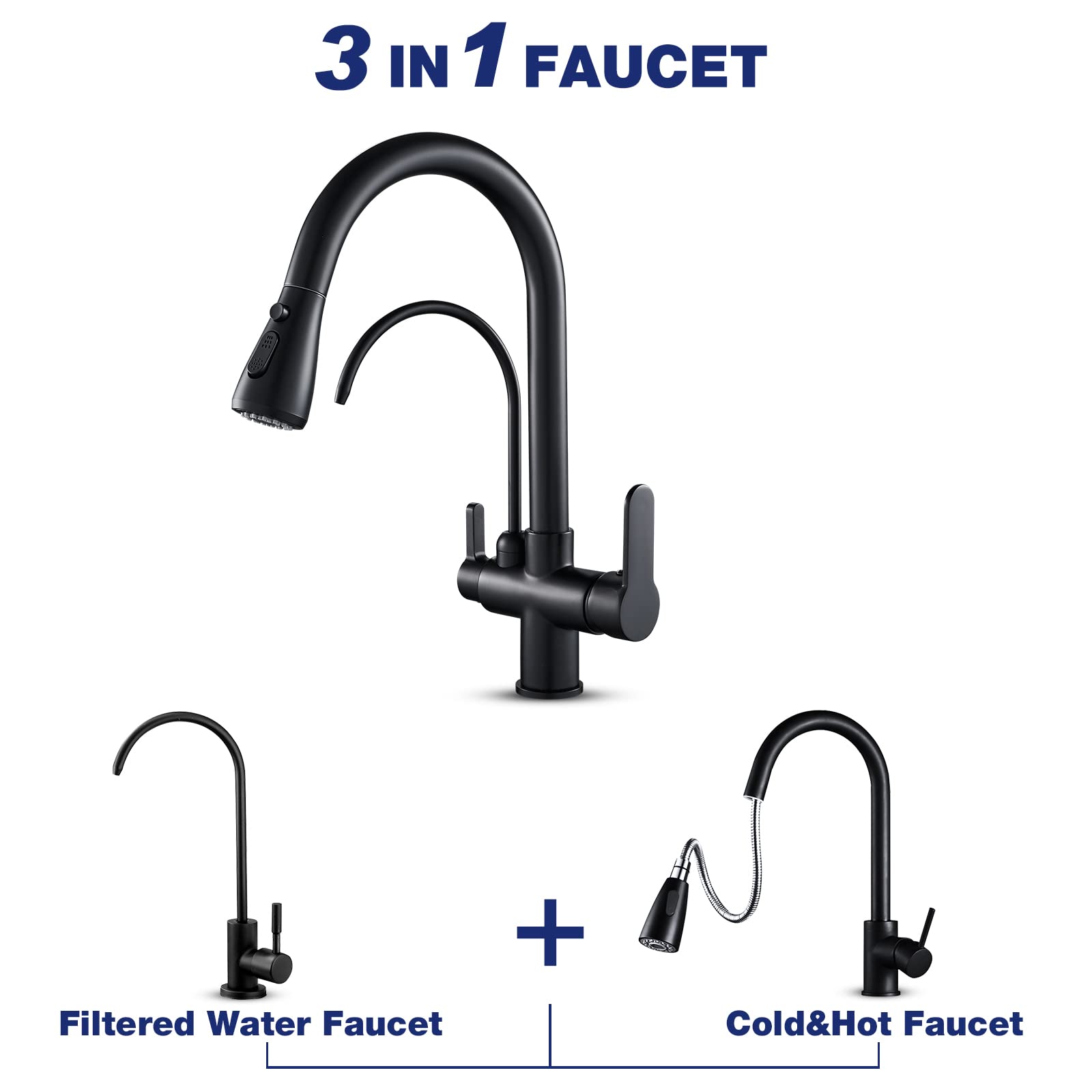 POPFLY 3-in-1 Kitchen Sink Faucet with Water Filter & Pull Down Sprayer - Matte Black Brass Drinking Water Faucet for Clean Filtered Water - Perfect for Modern Kitchens, Home Renovations & Healthy Cooking