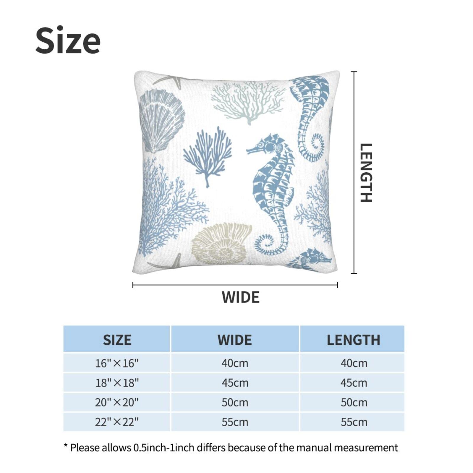 Nautical Coastal Pillow Covers 16x16 Inch Set of 2 - Summer Ocean Themed Decorative Throw Pillow Covers with Coral, Seashell & Starfish Design - 100% Cotton Square Cushion Covers for Sofa, Couch, Bedroom - Perfect for Beach House Decor, Coastal Living Room & Vacation Home Styling
