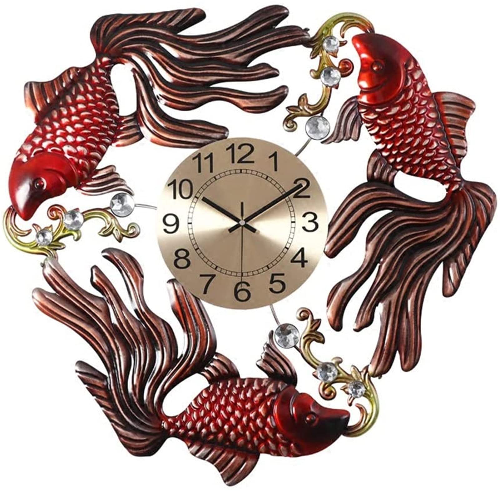 PIAOLIGN Metal Koi Fish Wall Clock - Silent Quartz Wall Art Decor for Living Room, Bedroom & Office - Large Decorative Home Clock (Red)