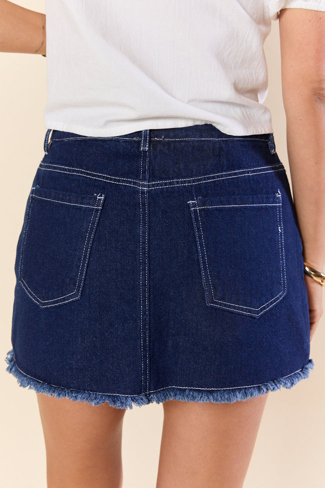 Chase The Sun Denim Frayed Hem Skort - Women's High Waisted Stretch Denim Skirt Shorts for Casual Outfits, Perfect for Summer, Beach, and Outdoor Activities