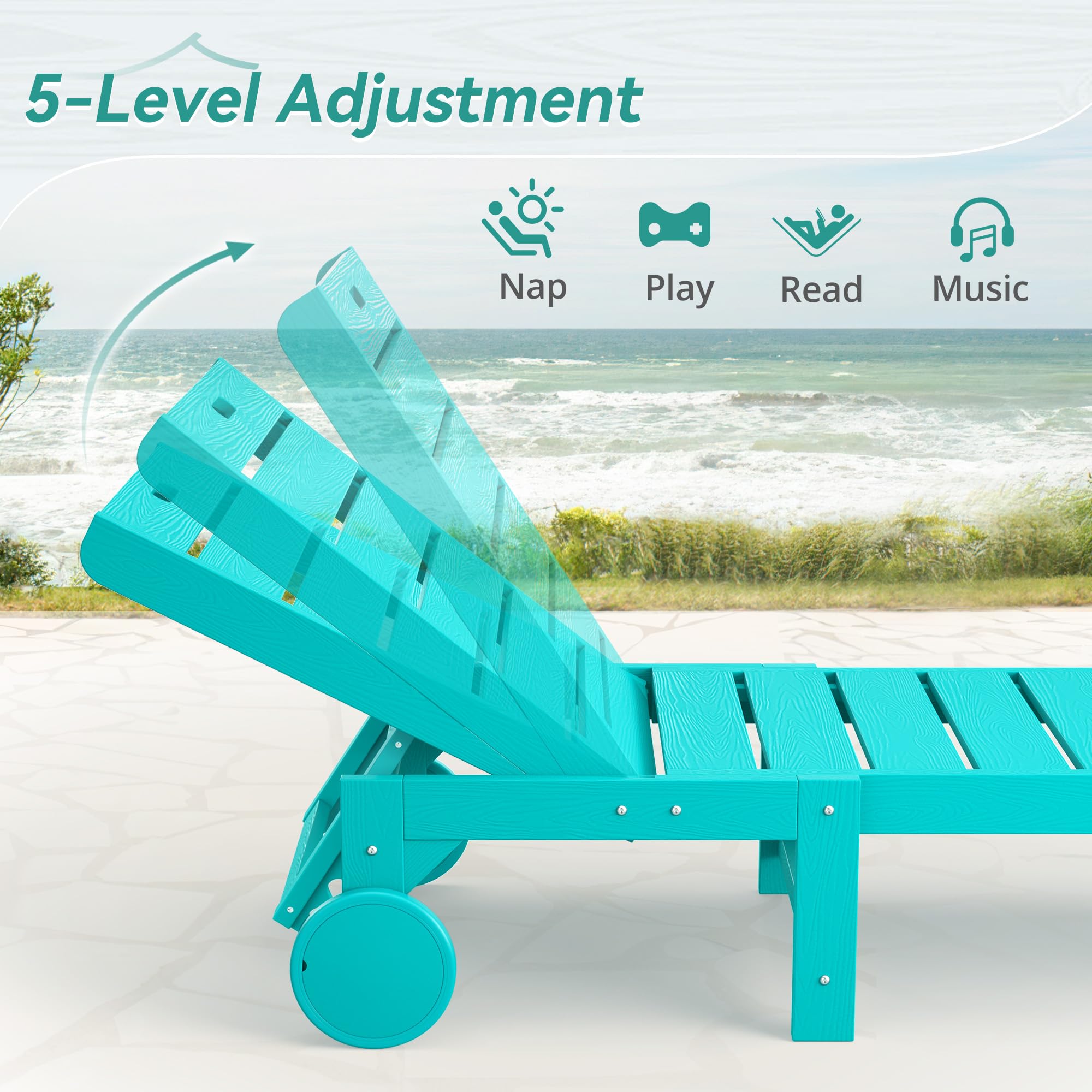 3-Piece Outdoor Chaise Lounge Chair Set with Table - HDPS Material, 5-Position Adjustable Backrest & Wheels - Perfect for Poolside, Beach, Patio & Backyard Relaxation