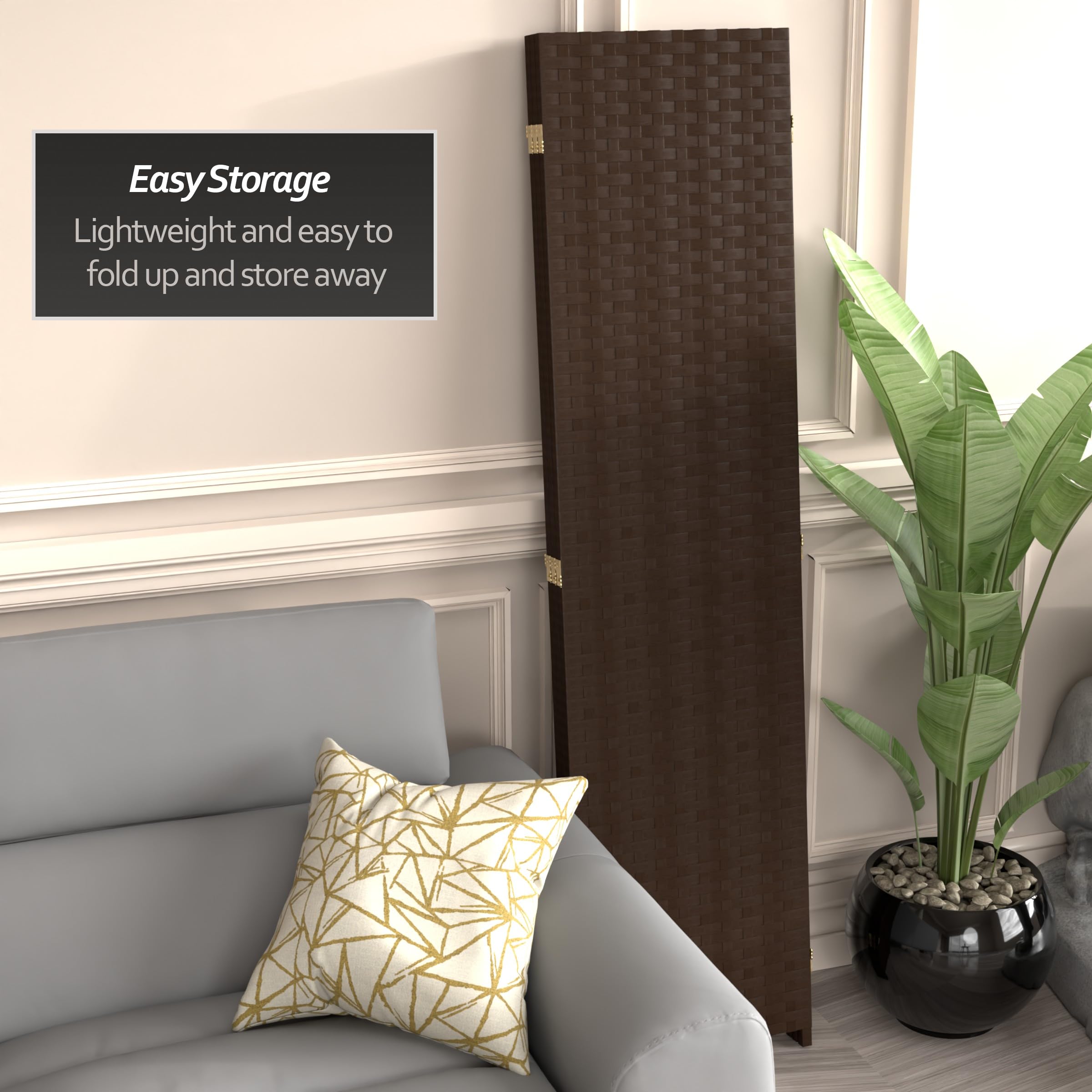 6 ft Tall Red Lantern Woven Fiber Room Divider Screen - 3 Panel Dark Mocha Partition for Living Room, Bedroom & Office Privacy
