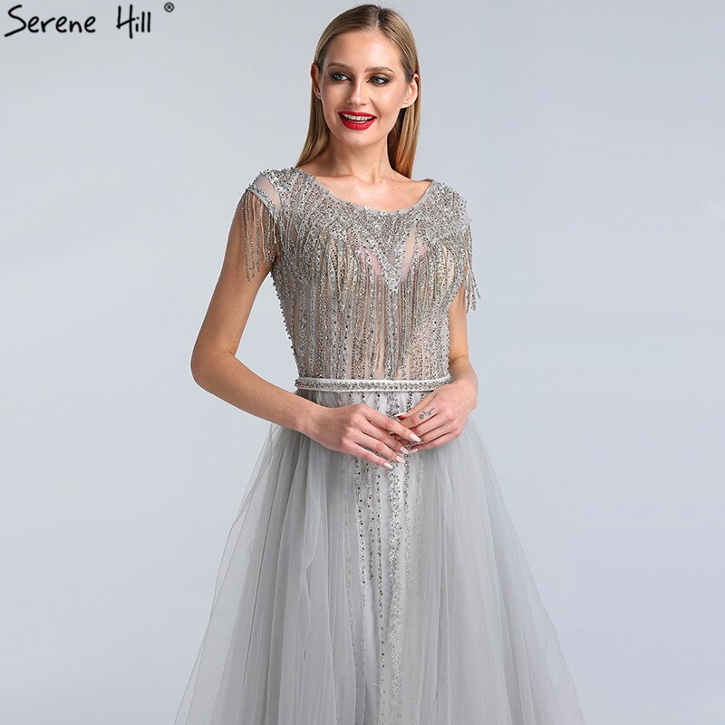 Serene Hill Grey Luxury Beaded Tassel Evening Gown with Train & Cap Sleeves - Elegant Women's Party Dress for Prom, Gala & Formal Events 2025 (LA60874)