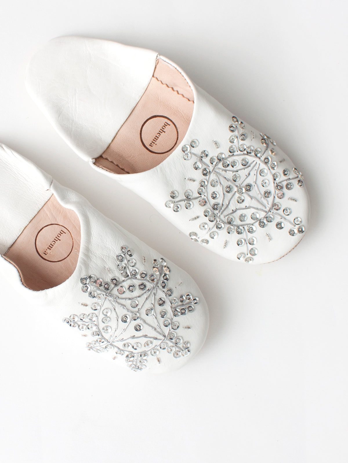 Stylish Moroccan Babouche Sequin Slippers in White & Silver | Comfortable House Shoes for Women | Perfect for Home, Lounge, and Special Occasions