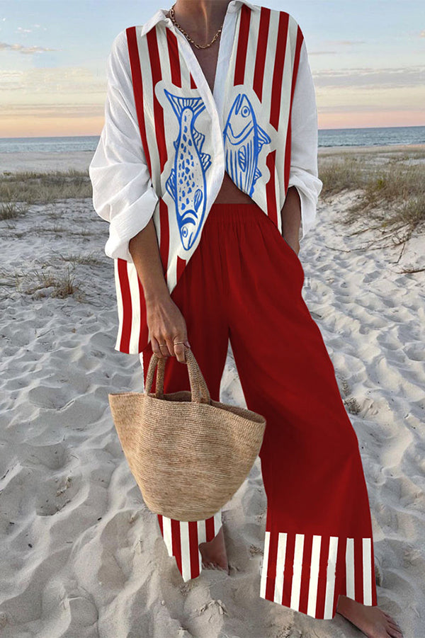 Stylish Striped Fish Print Oversized Shirt & Elastic Waist Pocket Pants Set - Comfortable Casual Outfit for Women, Beach Vacation, Summer Travel