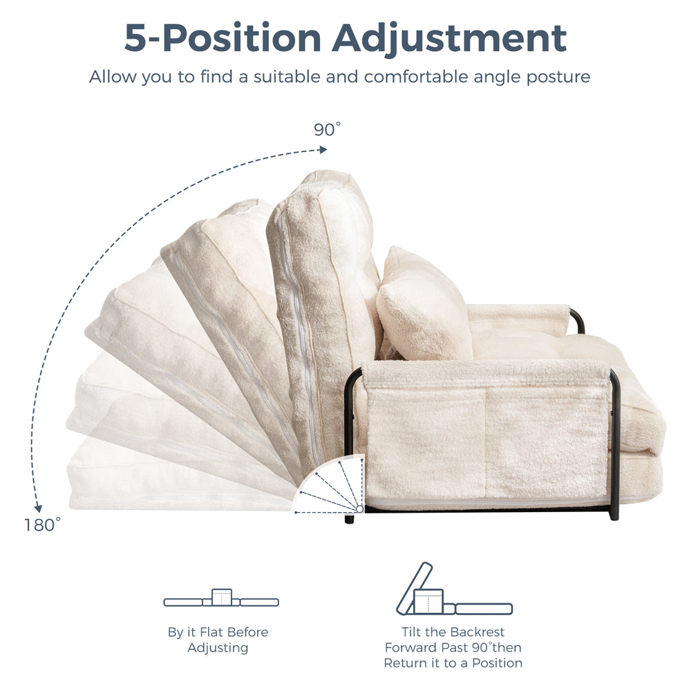 MAXYOYO Adjustable Floor Sofa Couch with Pillow - Boucle Convertible Lazy Sofa Sleeper Bed with Armrest - Single Size Beige - Perfect for Small Spaces, Living Rooms & Guest Beds