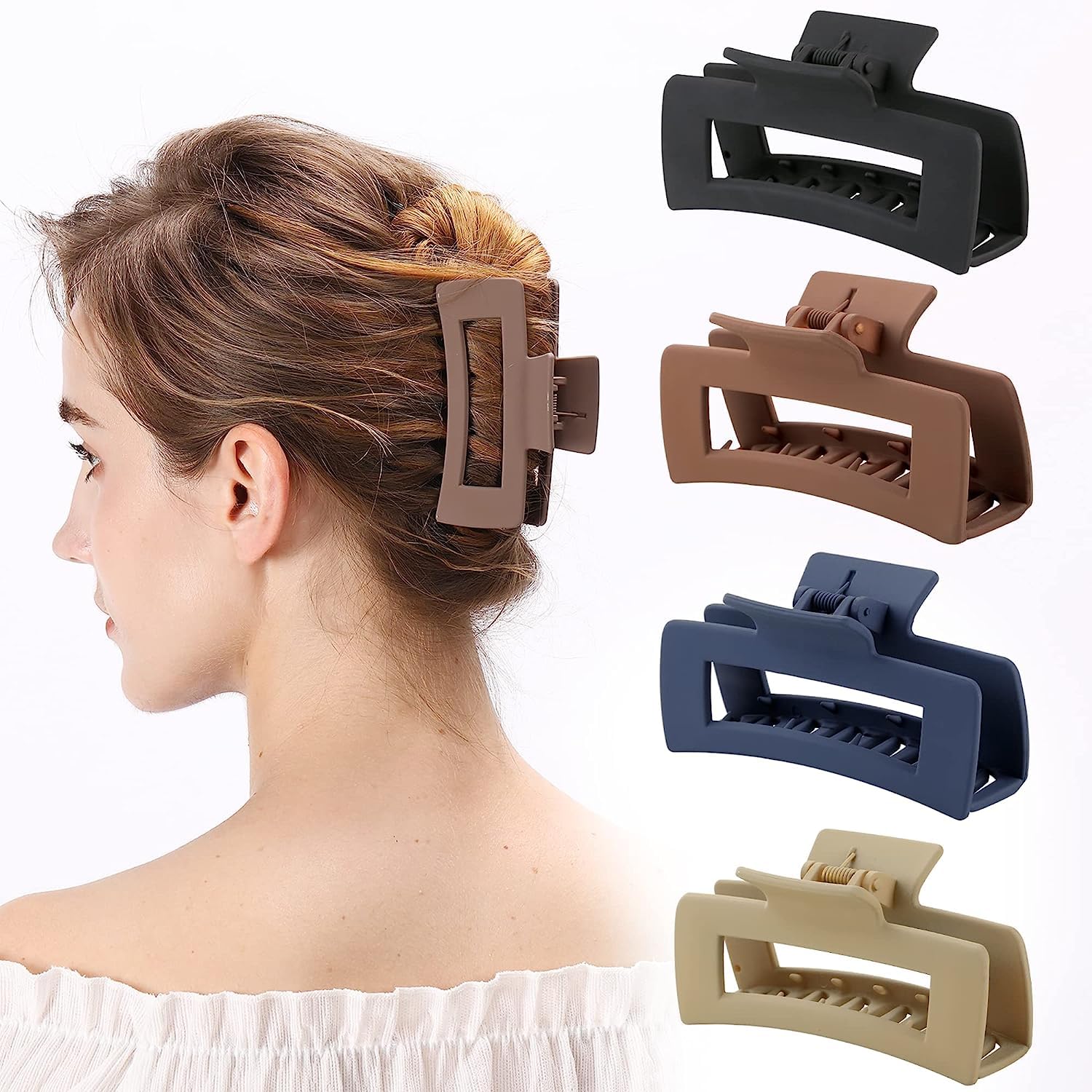 Women's Large Hair Clips - 4 Pack High Elasticity Rectangular Claw Clips for Thin & Thick Hair | Non-Slip Fashion Hair Accessories | Perfect for Work, Gym & Everyday Hairstyles