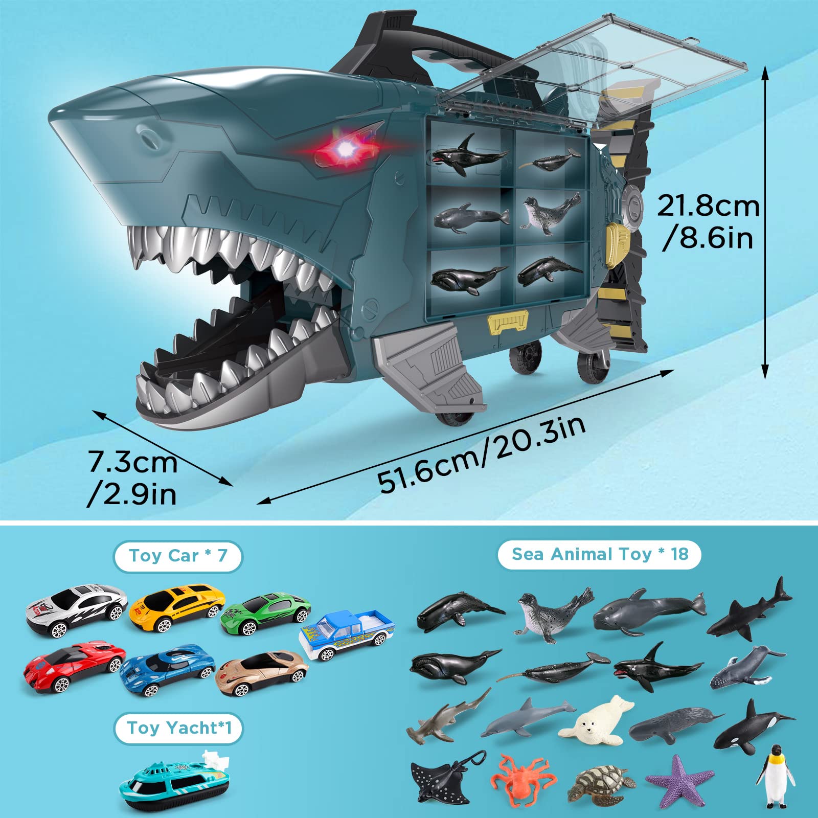 deAO Shark Truck Toy Set with 8 Animal Toys - Light & Sound Effects, Interactive Play Vehicle for Toddlers & Kids - Perfect Birthday Gift for Boys & Girls (Great for Pretend Play, Role-Playing & Learning Fun)