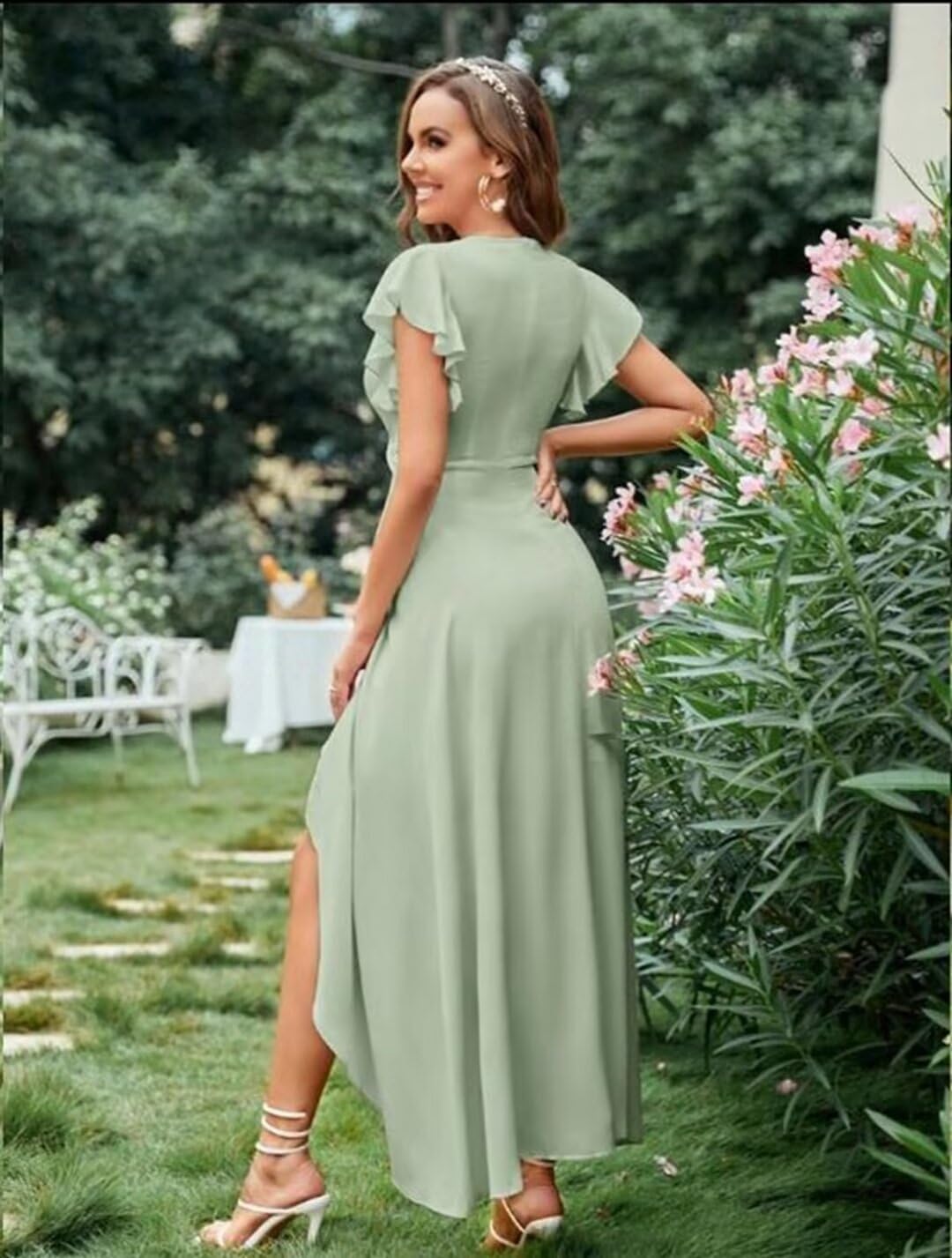 Elegant Flutter Sleeve Bridesmaid Dresses - Tea Length Chiffon Formal Gown with Side Slit & Pockets | Perfect for Weddings, Parties & Special Occasions