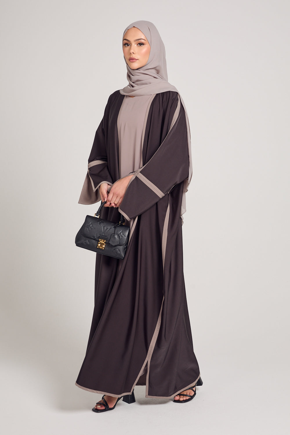 Luxury Two-Tone Open Bisht Abaya - Coffee Bean Color | Elegant Islamic Dress for Women | Perfect for Eid, Weddings & Special Occasions
