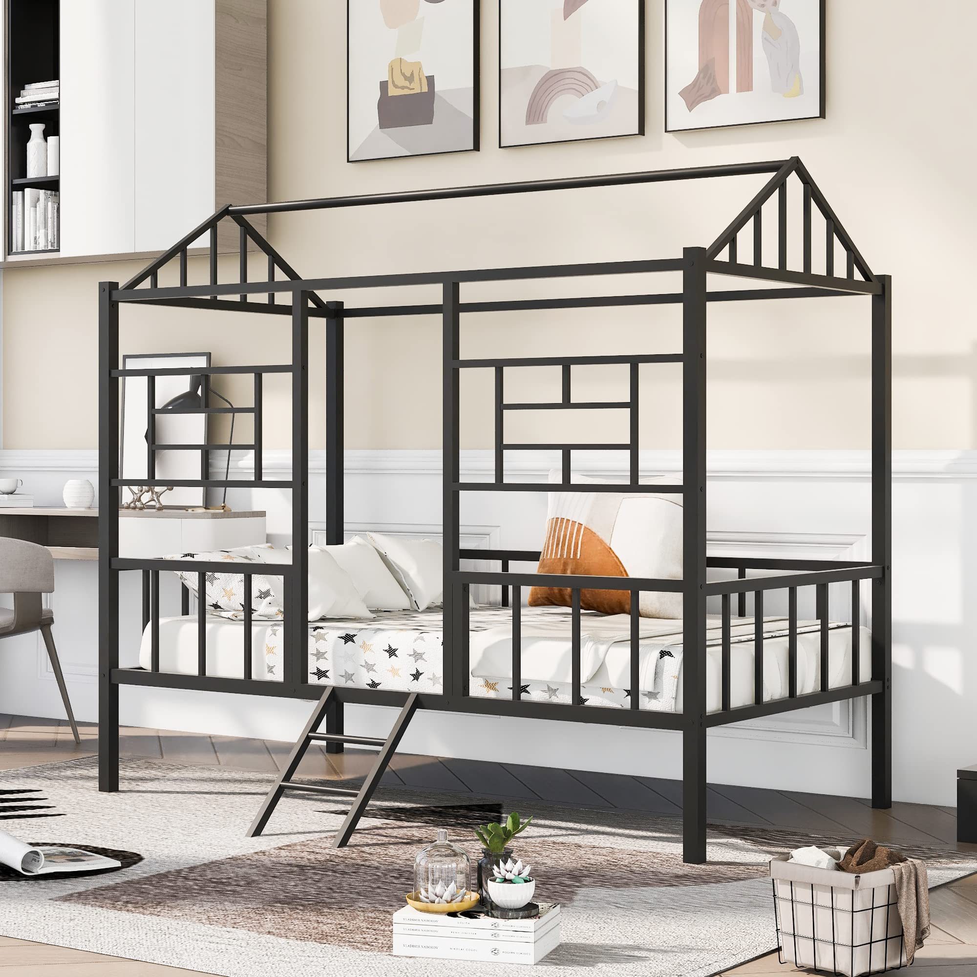 Harper & Bright Designs Metal Low Loft Bed for Kids - Twin Size House-Shaped Platform Bed Frame with Slatted Support - Perfect for Toddlers, Teens & Small Spaces (Black) - Ideal for Bedrooms, Playrooms & Dorm Rooms