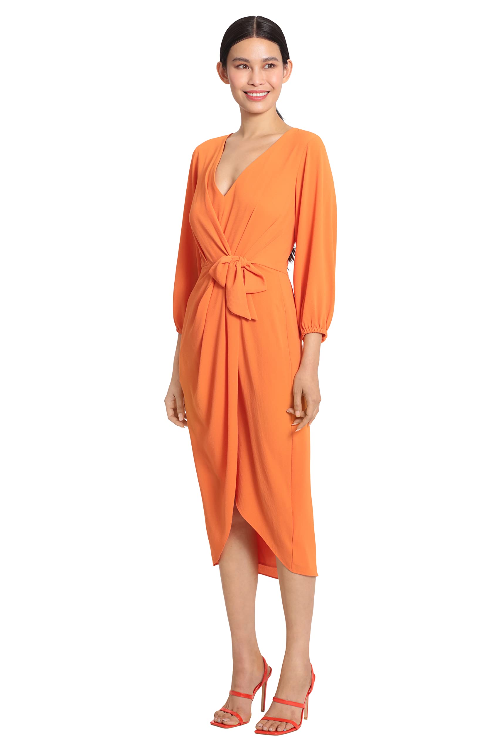 Maggy London Women's Long Sleeve V-Neck Faux Wrap Crepe Dress for Wedding Guest, Cocktail Party & Special Occasions - Elegant Formal Event Wear