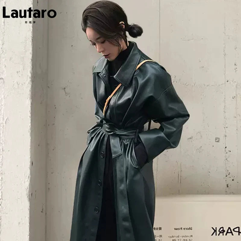Stylish Women's Autumn Long Black PU Leather Trench Coat with Belt - Single Breasted Loose Fit Korean Fashion Outerwear for Fall 2022 | Perfect for Office, Dating & Casual Outings
