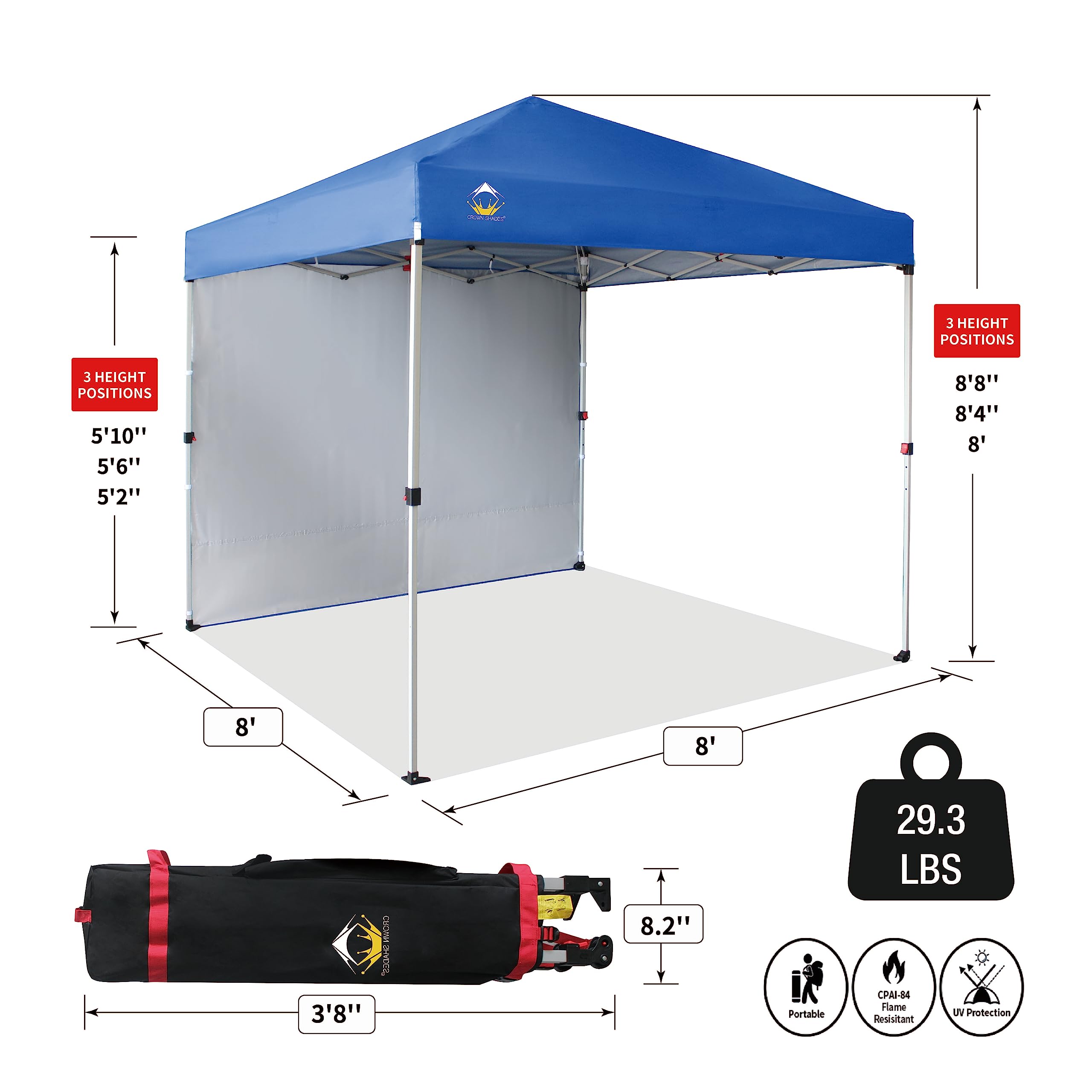 CROWN SHADES 8x8 Pop Up Canopy Tent with 1 Side Wall - Instant Setup Beach Tent & Outdoor Sun Shade for Camping, Backyard Parties, Picnics - Portable Gazebo with STO-N-Go Carry Bag (Blue) | Perfect for Beach Days, Tailgating & Outdoor Events