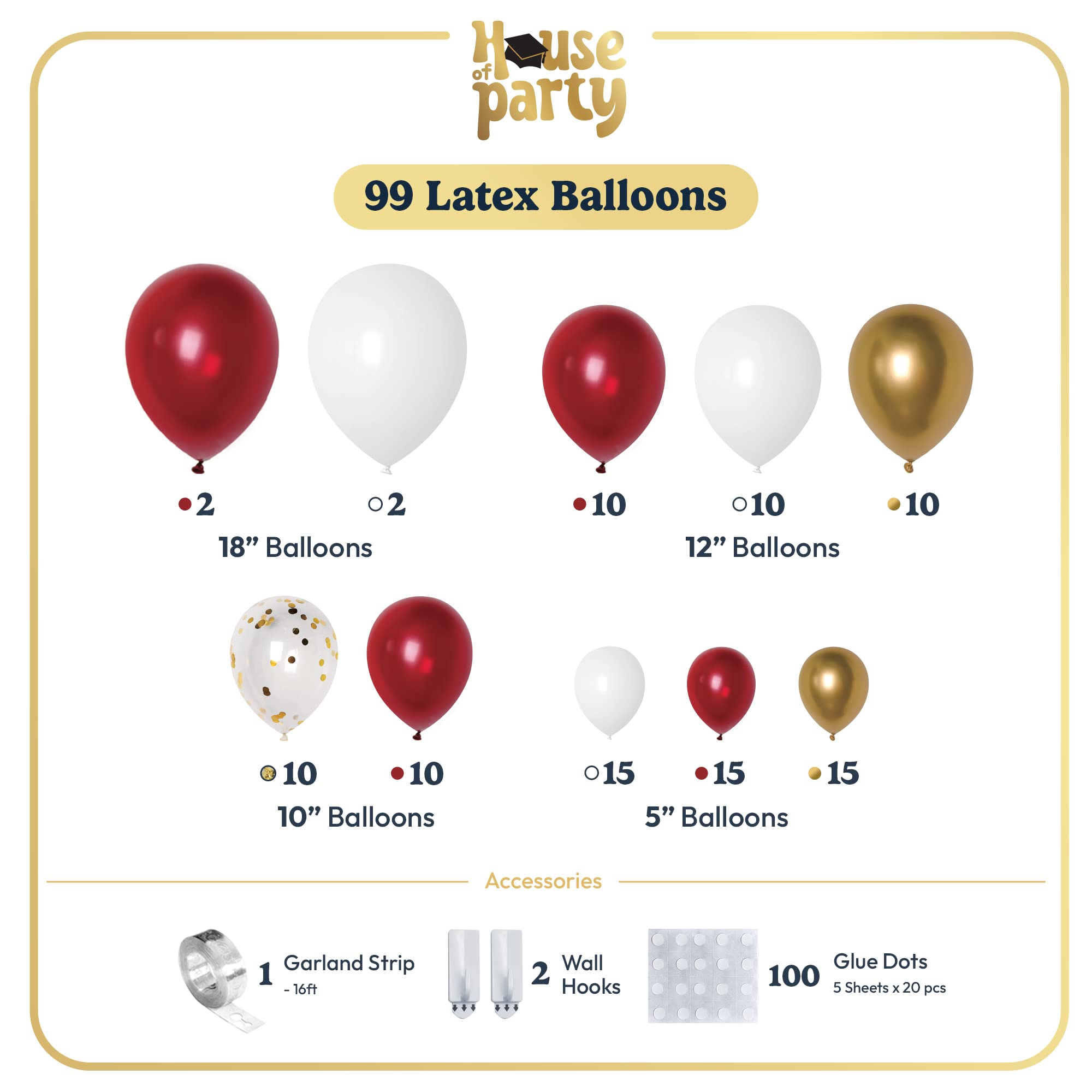 HOUSE OF PARTY Red & Gold Balloon Garland Kit - 50pcs Premium Balloons with Gold Confetti for Weddings, Anniversaries, Valentine's Day | Elegant Party Decorations for Birthday, Bridal Shower & Holiday Celebrations