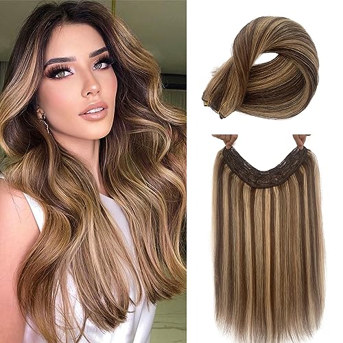 Clip-in Human Hair Extensions 22 Inch Golden Brown with Blonde Highlights - 100g V-Shaped 3/4 Full Head Piece for Volume & Length | Perfect for Parties, Weddings & Daily Styling