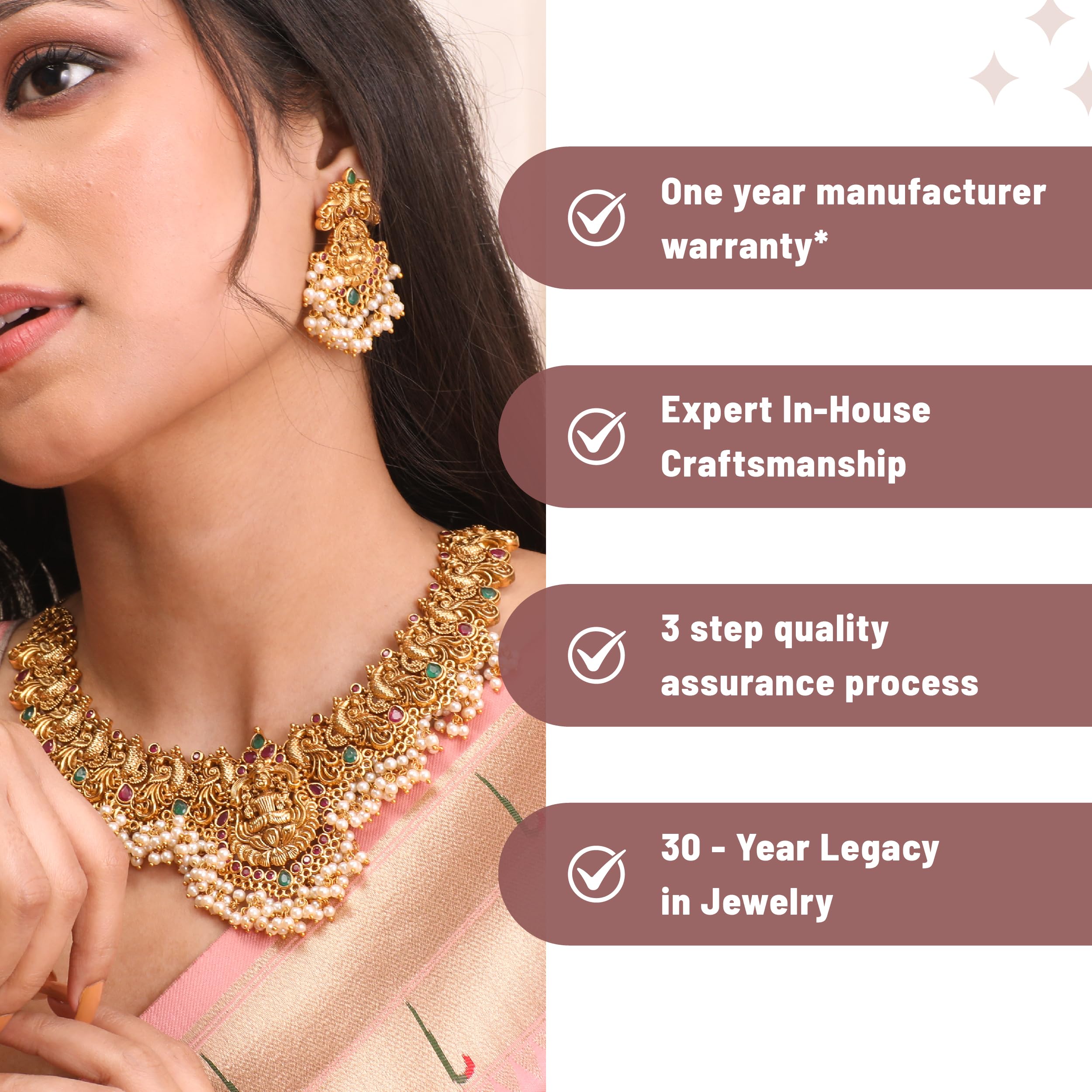 Antique Gold Plated Cira Short Necklace Set with Floral Design - Traditional South Indian Jewelry for Women | Perfect for Weddings, Festivals & Ethnic Occasions | Elegant Bridal Accessory | 1 Year Warranty