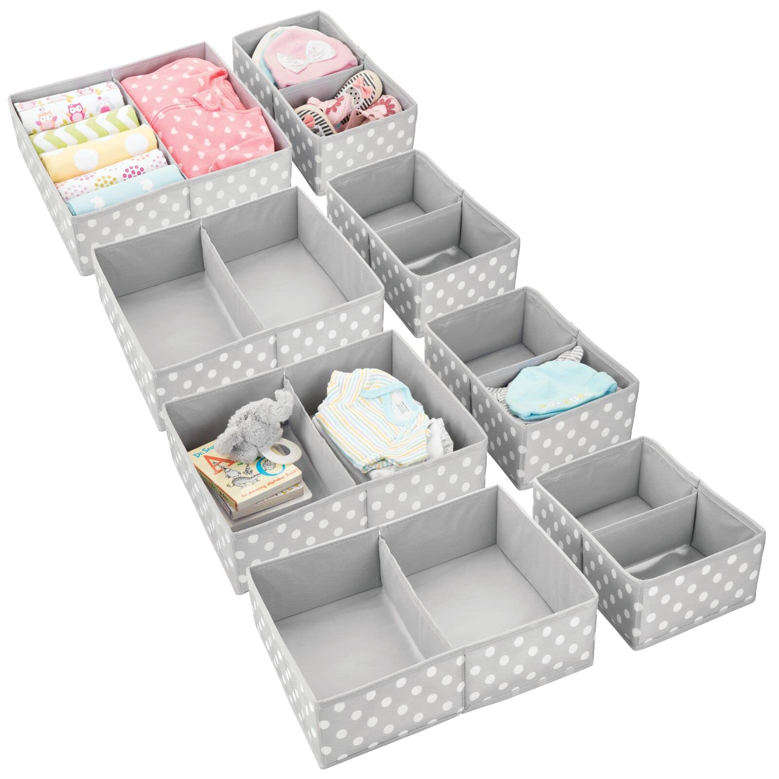mDesign Fabric Drawer Organizer Bins - Set of 2 or 4 Pack, Gray/White Polka Dot - Perfect for Kids/Baby Nursery Dresser, Closet, Shelf & Playroom Organization - Holds Clothes, Toys, Diapers, Bibs & Blankets - Ideal for Home, Daycare & Travel Storage Solutions