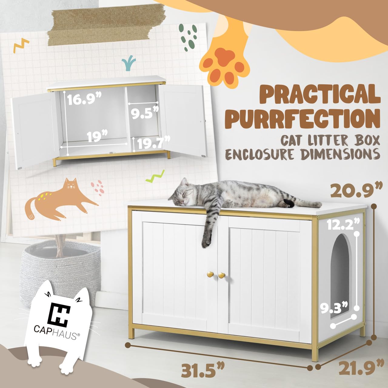 CAPHAUS White Wooden Cat Litter Box Furniture with Divider - Hidden Flip-Top Enclosed Washroom for Large Cats - Indoor Cat House with Double Doors & Metal Frame - Perfect for Small Spaces & Home Decor