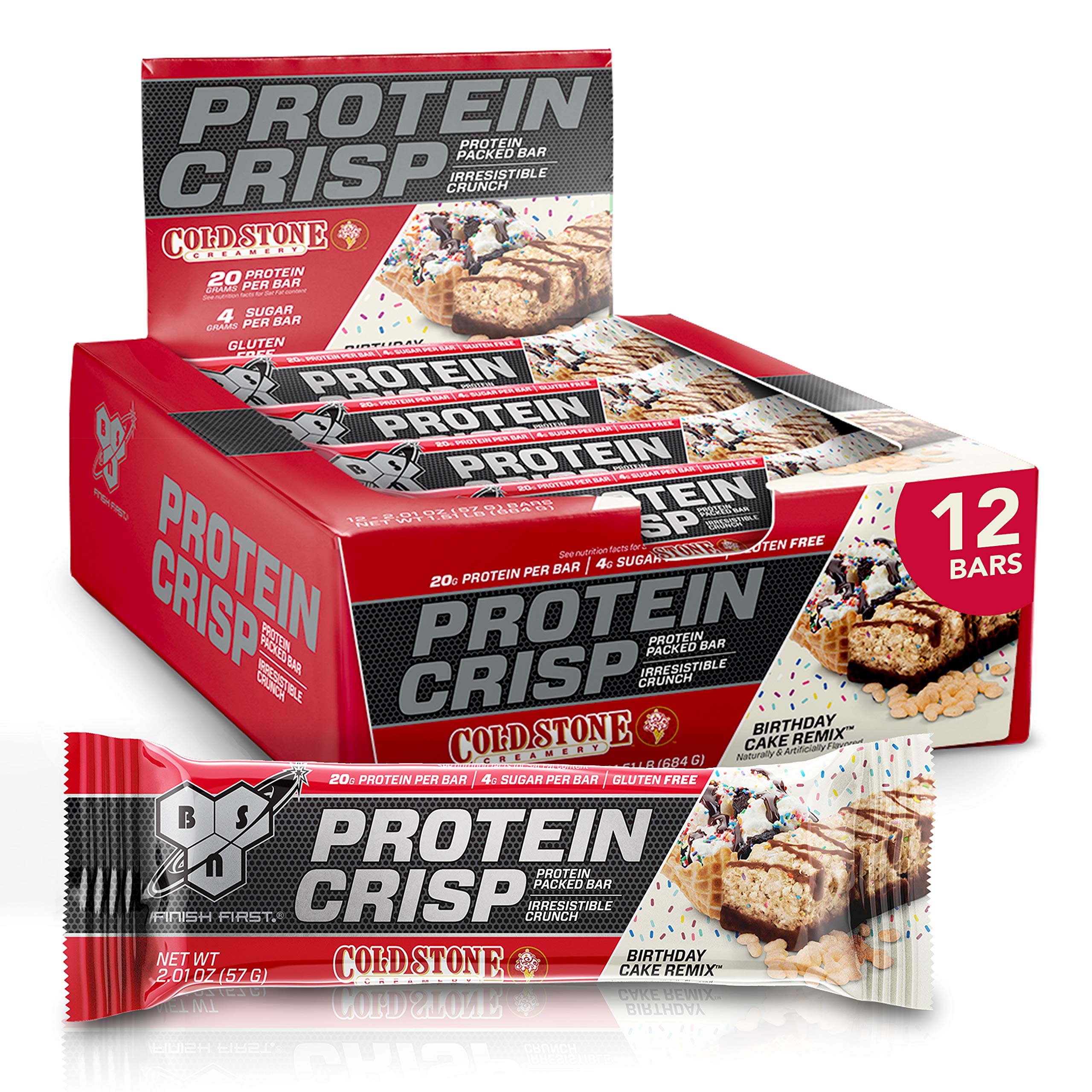 BSN Syntha-6 Protein Crisp Bars - 20g Whey Protein, Gluten Free, Low Sugar, Cold Stone Creamery Birthday Cake Flavor (12 Count) | Post-Workout Snack, Meal Replacement & On-The-Go Nutrition