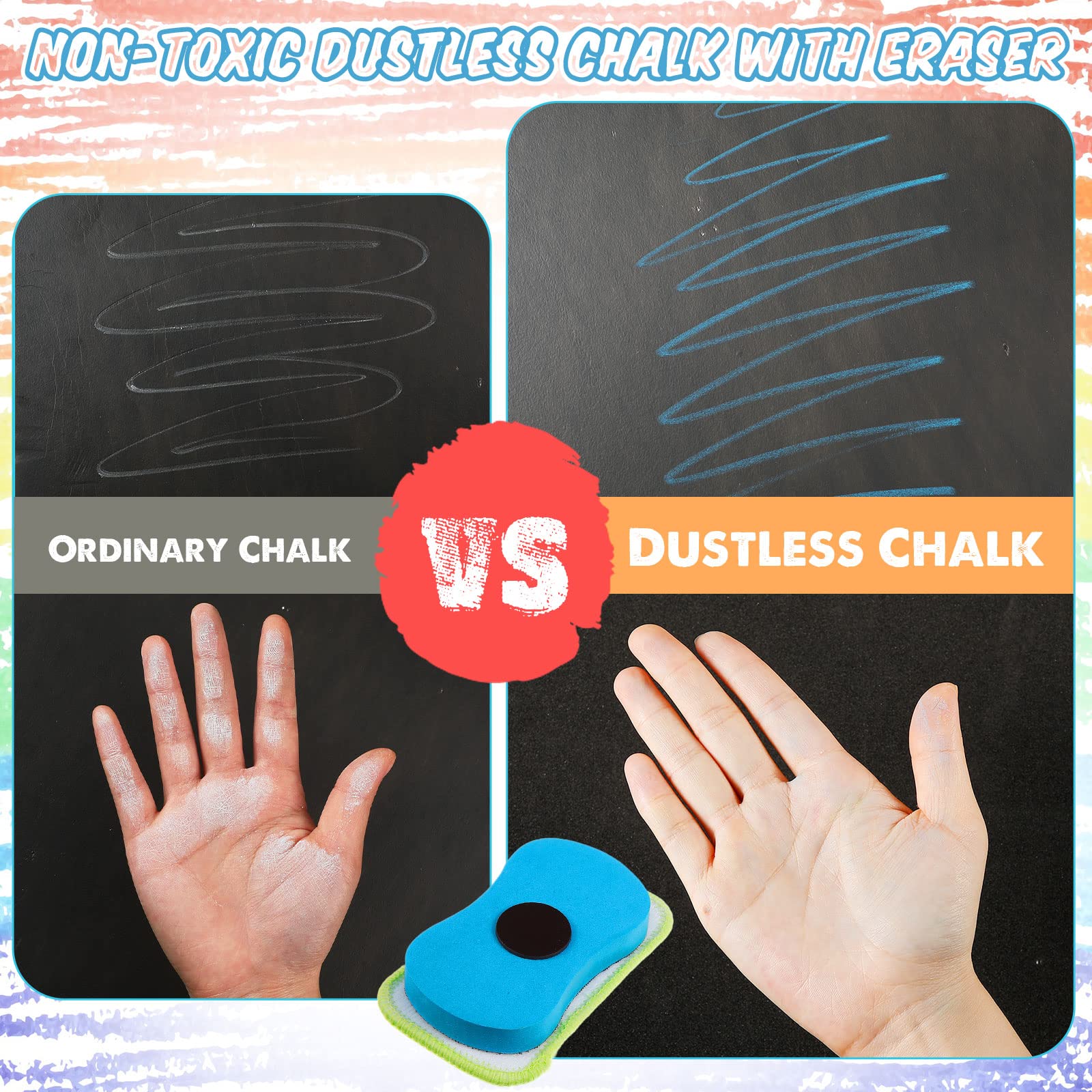 Harloon 144 Pcs Dustless Chalk Set with Eraser - Non-Toxic Colored & White Chalkboard Chalk for Teachers, Classroom, School Supplies - Perfect for Blackboard Drawing, Writing & Educational Activities (Multicolor)