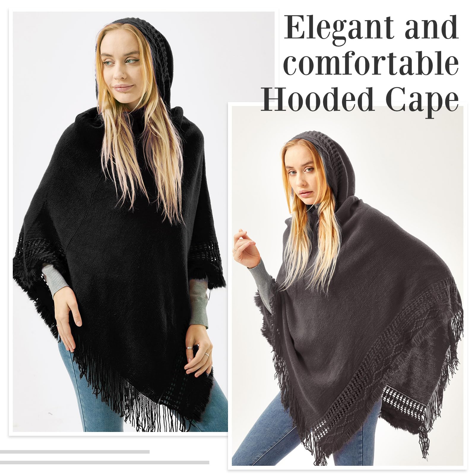 Liitrsh 2-Pack Women's Knitted Hooded Cape Poncho Sweaters with Fringed Hem - Cozy Crochet Pullover for Fall Fashion, Outdoor Activities & Casual Wear