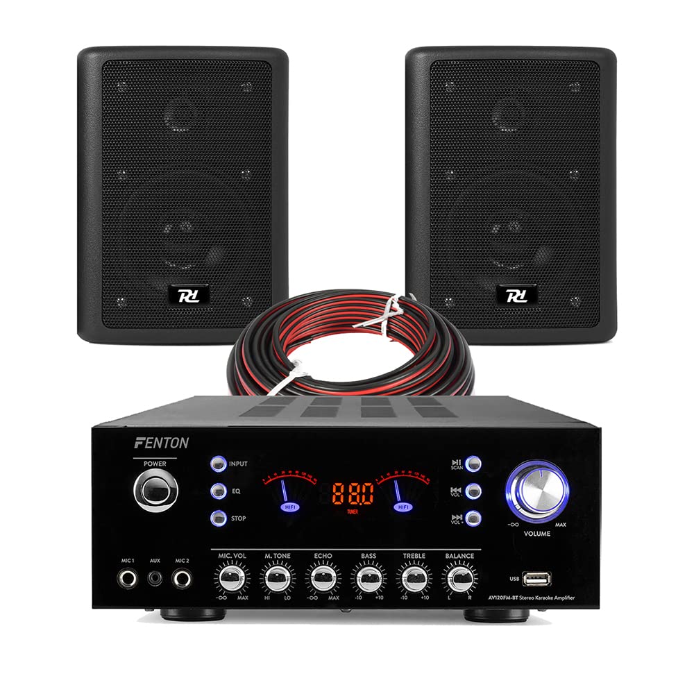 Skytec Black Bookshelf Stereo Speakers & Fenton AV120FM-BT Bluetooth Amplifier Set - Wireless HiFi Audio System with Wall Mount, USB, AUX, FM Radio | Perfect for Home Theater, Gaming & Music Listening