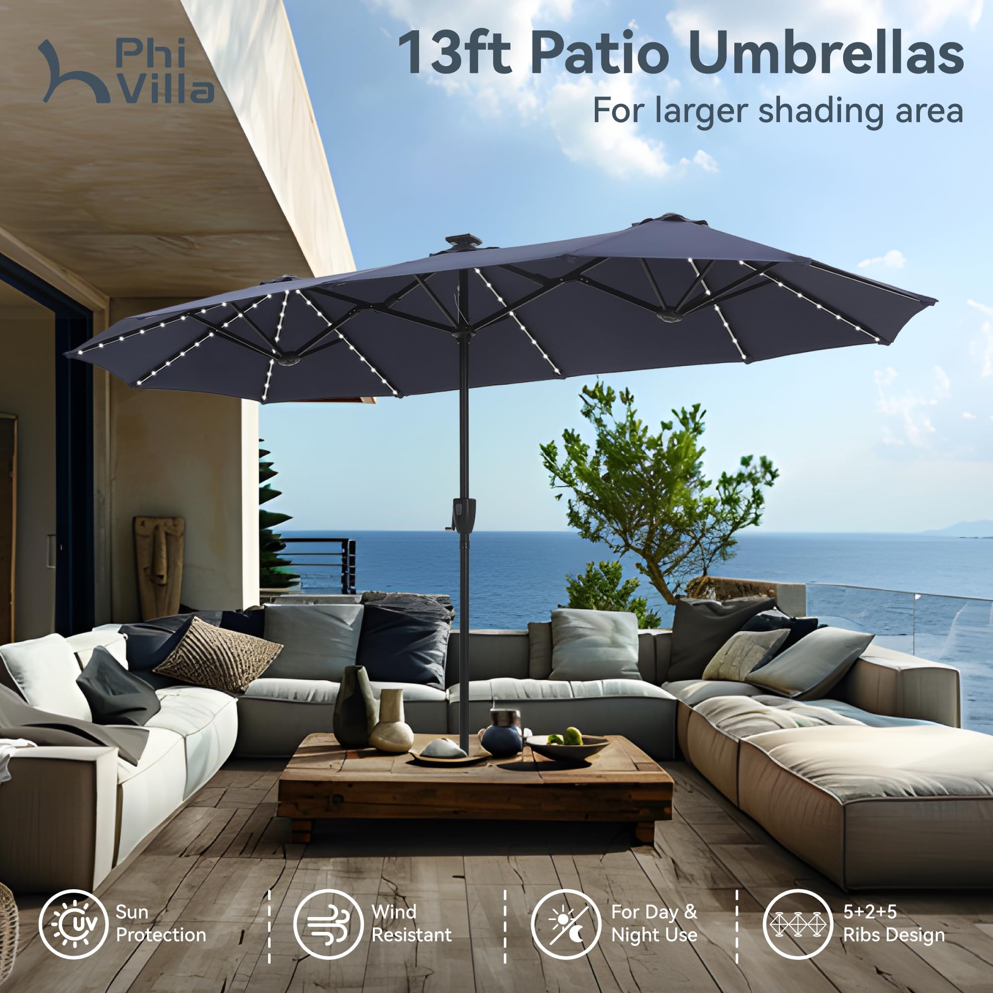 PHI VILLA 13ft Large Outdoor Patio Umbrella with 120 Solar LED Lights - Double-Sided Rectangle Market Umbrella for Deck, Garden, Poolside (Navy Blue, Base Not Included) | Perfect for Backyard, BBQ, and Outdoor Dining