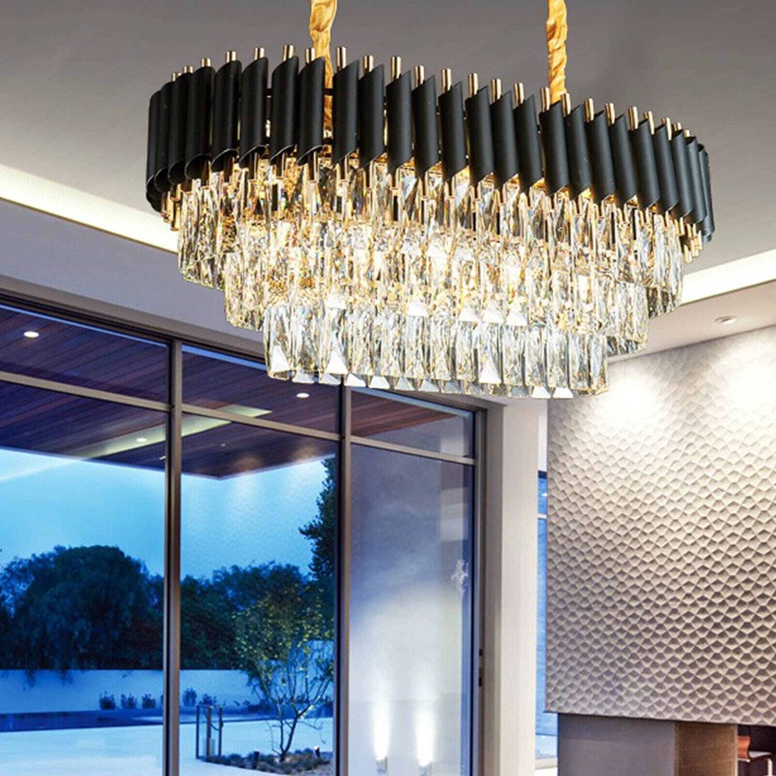 Modern 8-Light Rectangular Crystal Chandelier - E12 Base Chrome Linear Raindrop Hanging Light Fixture - 31.5