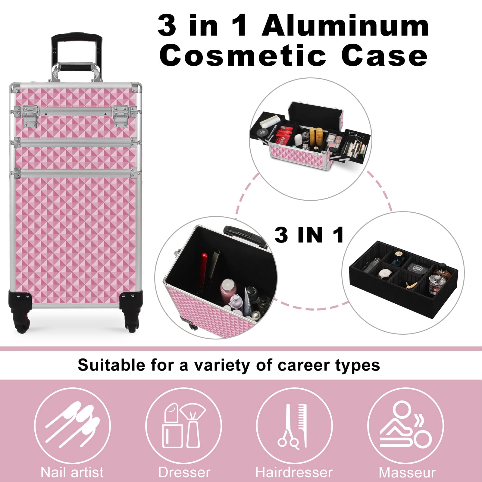 3-in-1 Professional Rolling Makeup Case with Lock & Wheels | Large Cosmetic Storage Trolley for Beauty Artists | Travel-Friendly Pink Train Case (0079) | Perfect for Salon, Mobile Makeup Services & Travel Organization