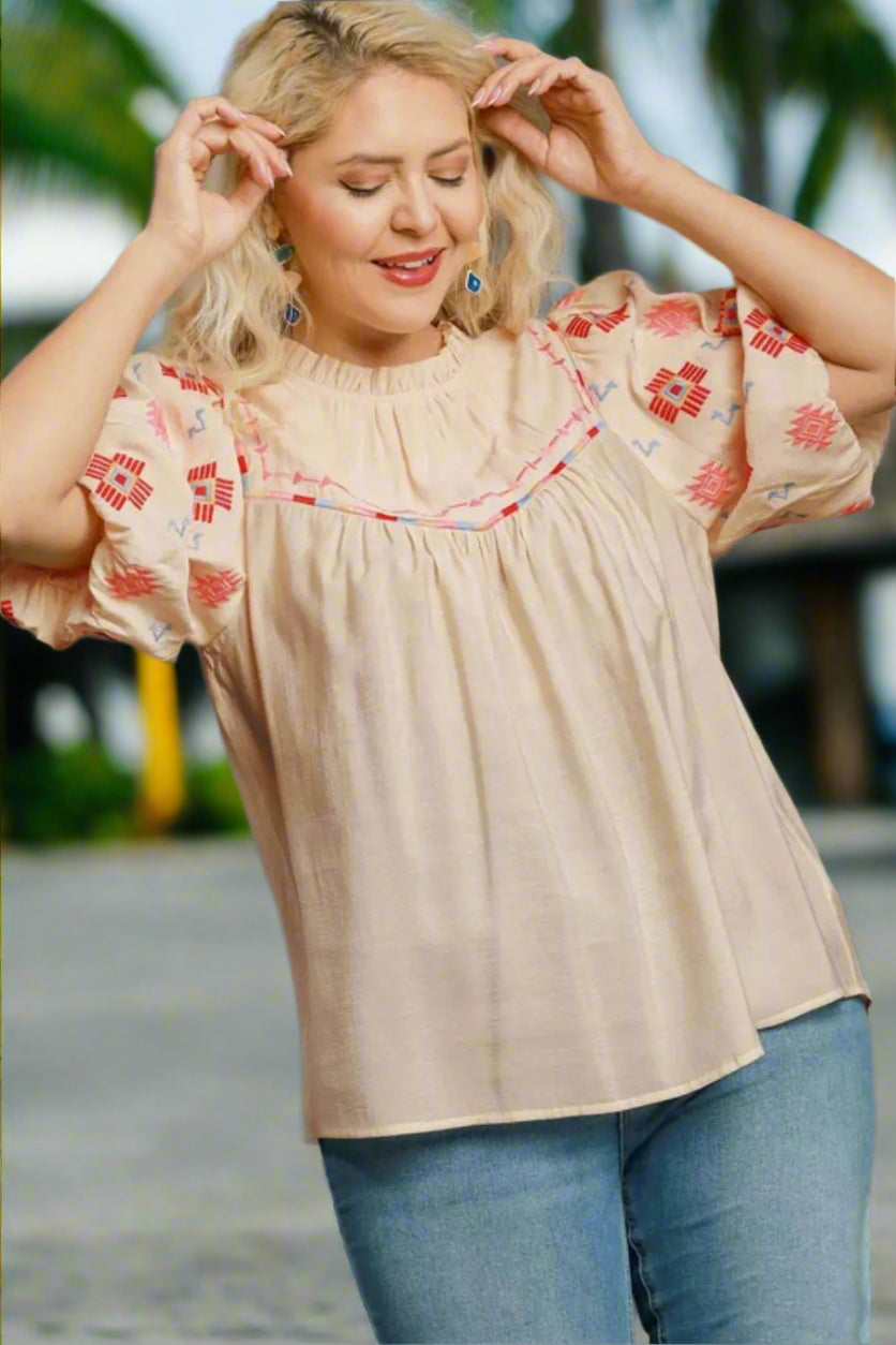 Elegant Full Size Embroidered Puff Sleeve Cream Blouse for Women | Perfect for Office Wear, Date Nights & Special Occasions