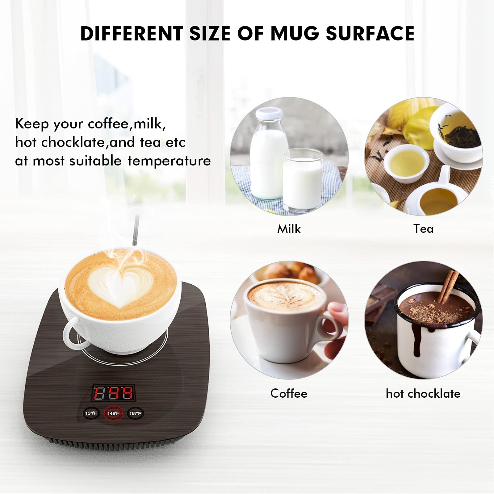 Electric Mug Warmer with Auto Shut Off - 3 Temperature Settings (131°F, 149°F, 167°F) for Coffee, Tea, Cocoa, Milk & Beverages - Perfect for Office, Home & Desk Use - Wood Color (Cup Not Included)