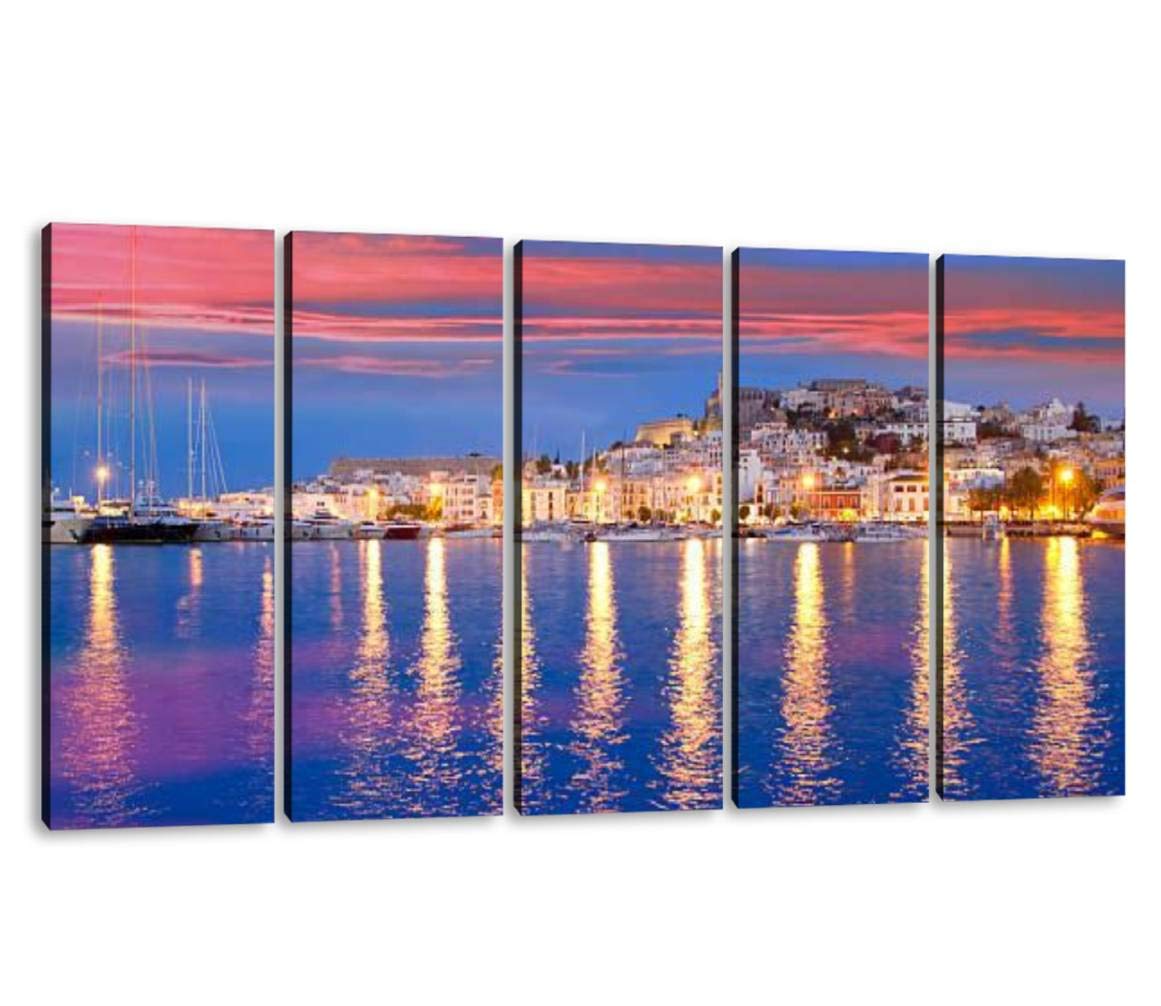 KiiAmy 5-Panel Mediterranean Wall Art - Stunning Night View of Ibiza Island Canvas Painting, Modern Framed Decor for Living Room, Bedroom & Office (60x32 Inches, Ready to Hang) - Perfect for Coastal, Boho or Contemporary Home Decor