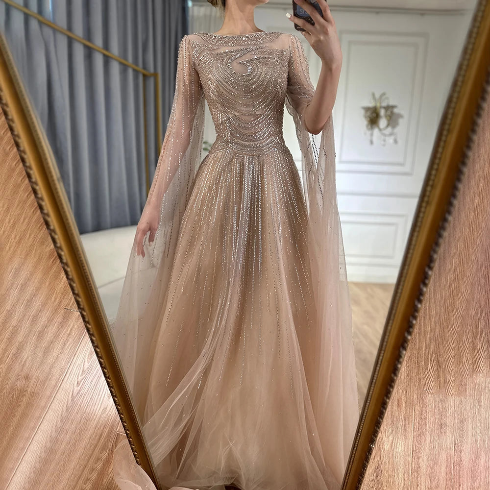 Luxury Dubai Arabic Caramel Saudi Evening Dresses with Cape Sleeves A-Line Beaded Gown for Wedding Party & Special Occasions - LA72799 | Elegant Formal Wear for Bridal, Prom & Gala Events