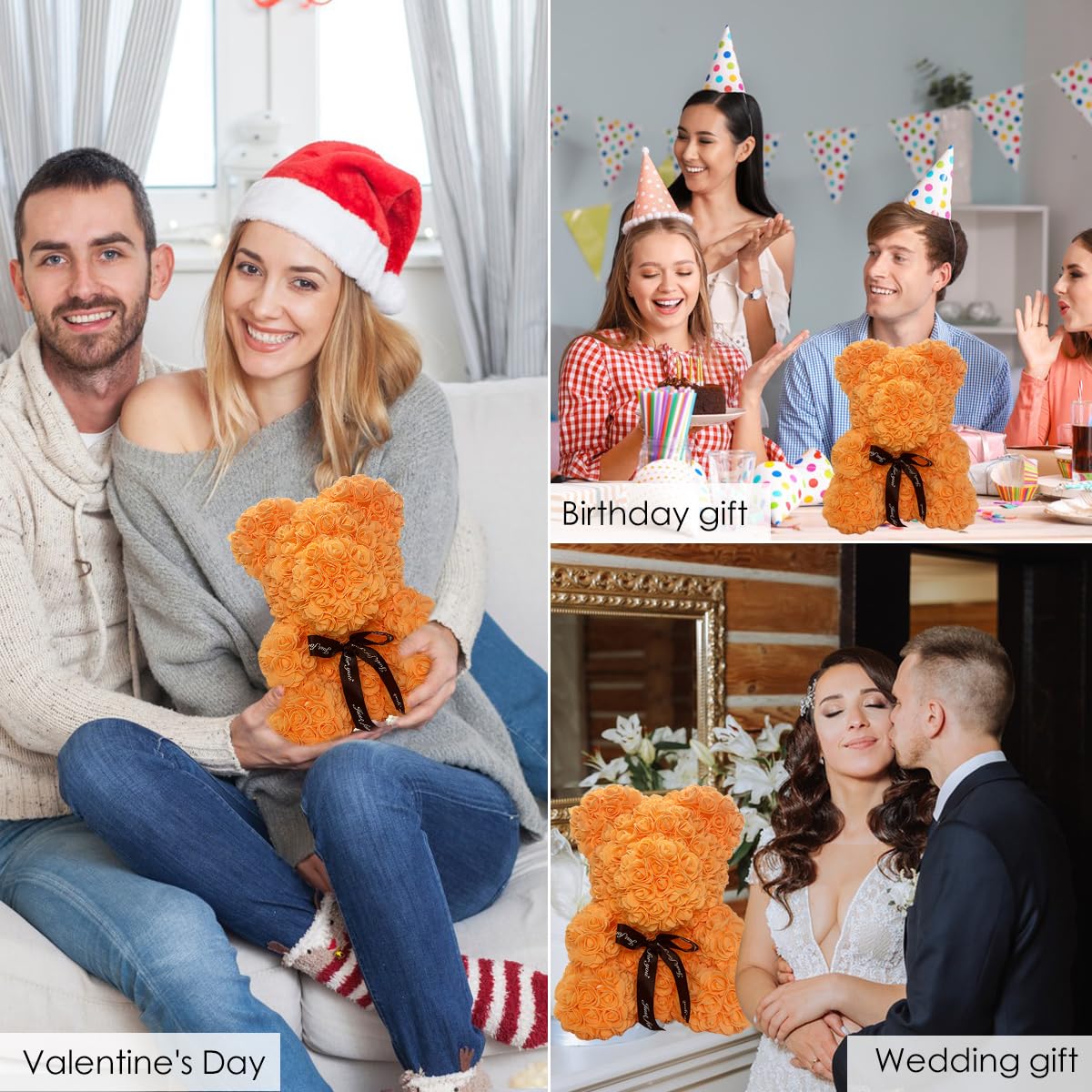 Rose Teddy Bear Gift - Romantic Rose Flower Bear for Wife, Girlfriend, Wedding, Valentine's Day, Anniversary, Birthday, Mother's Day - Perfect for Proposals, Surprise Gifts & Special Occasions (Orange)