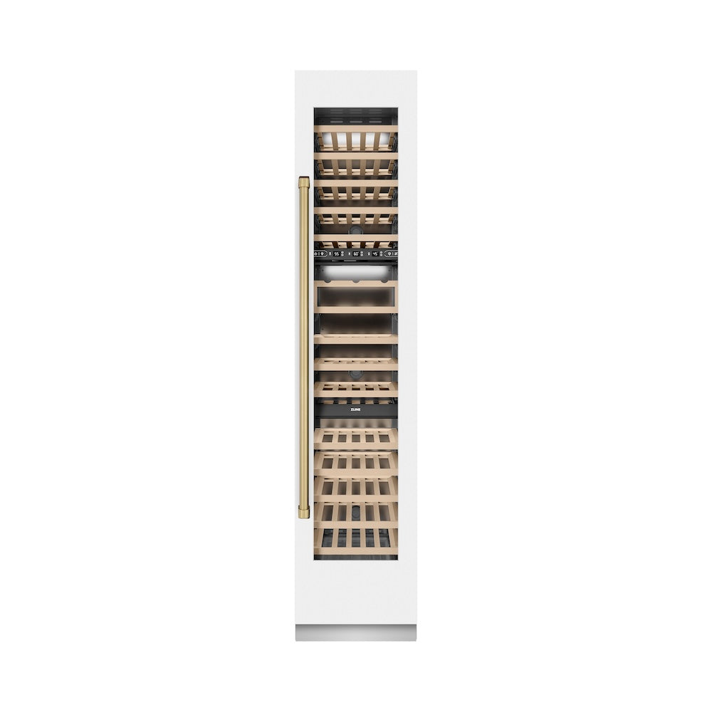 ZLINE Autograph Edition 18 Inch 9.0 Cubic Feet Triple Zone 68 Bottle Right Hinge Column Wine Cooler - White Matte with Champagne Bronze Accents (RCWVRZ WM 18 CB) | Perfect for Home Bars, Wine Cellars & Entertaining Spaces