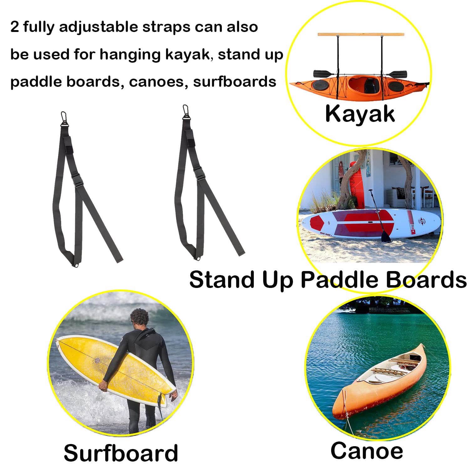 **Kayak Storage Strap - SUP Wall Mount Hanger & Surfboard Holder with Paddle Clips - Paddle Board Sling Rack for Garage, Indoor & Outdoor Use - Perfect for Kayaks, SUPs, and Surfboards**