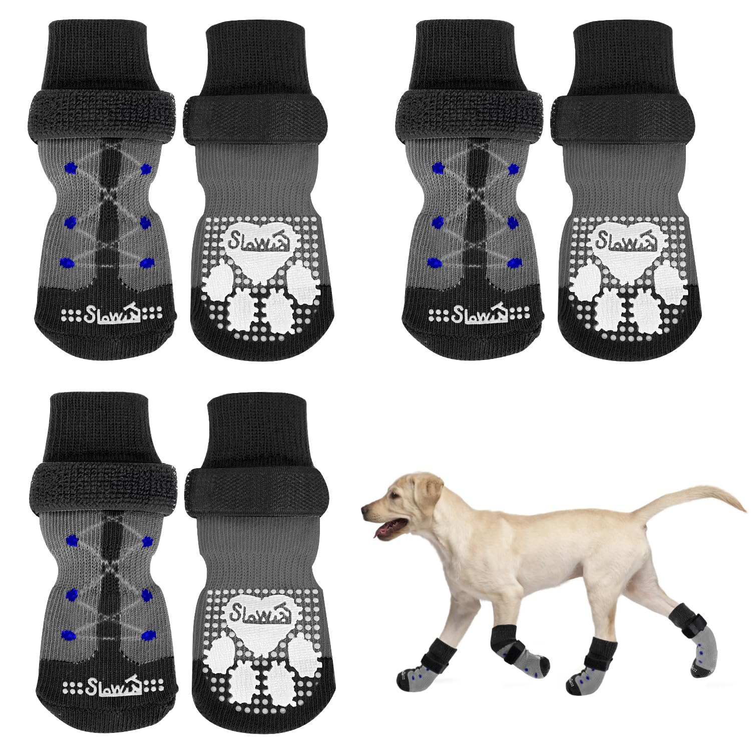 SlowTon Non-Slip Dog Socks - 3 Pairs Anti-Slip Pet Socks with Double-Sided Grips for Small, Medium & Large Dogs | Traction Socks for Hardwood Floors, Senior Dogs & Paw Protection | Perfect for Indoor Use, Slippery Surfaces & Post-Surgery Recovery