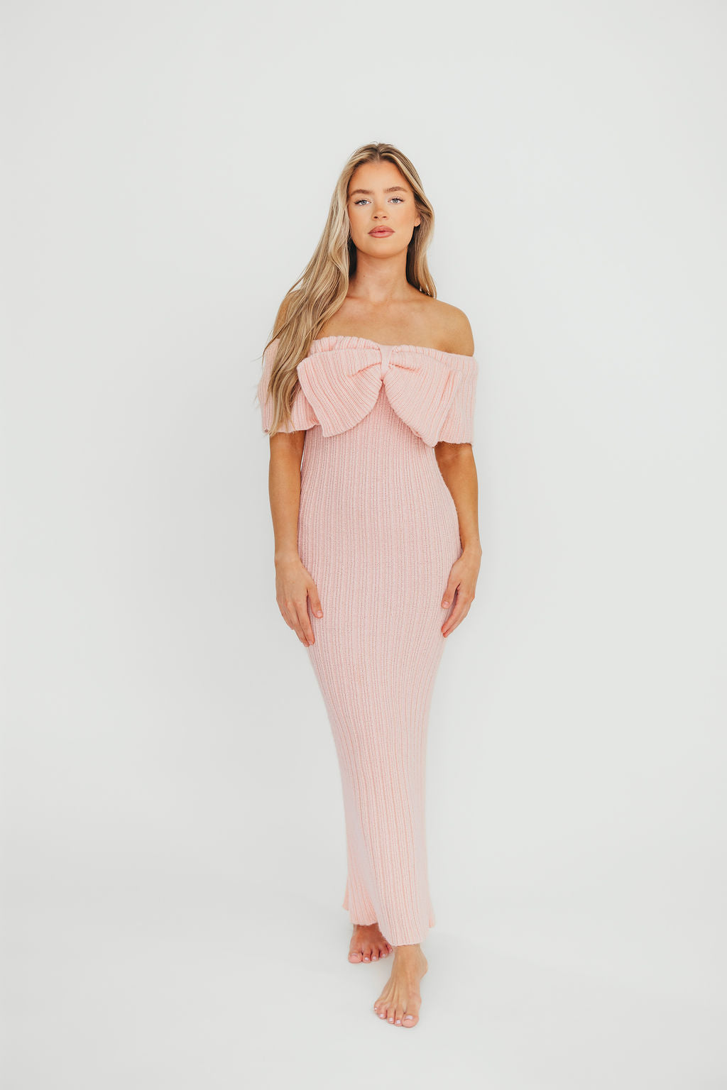 Aston Bow Front Maxi Sweater Dress in Pinkish Petal - Bump Friendly Maternity Dress, Inclusive Sizing (S-3XL) | Cozy Winter Outfit, Casual Office Wear & Special Occasion Dress