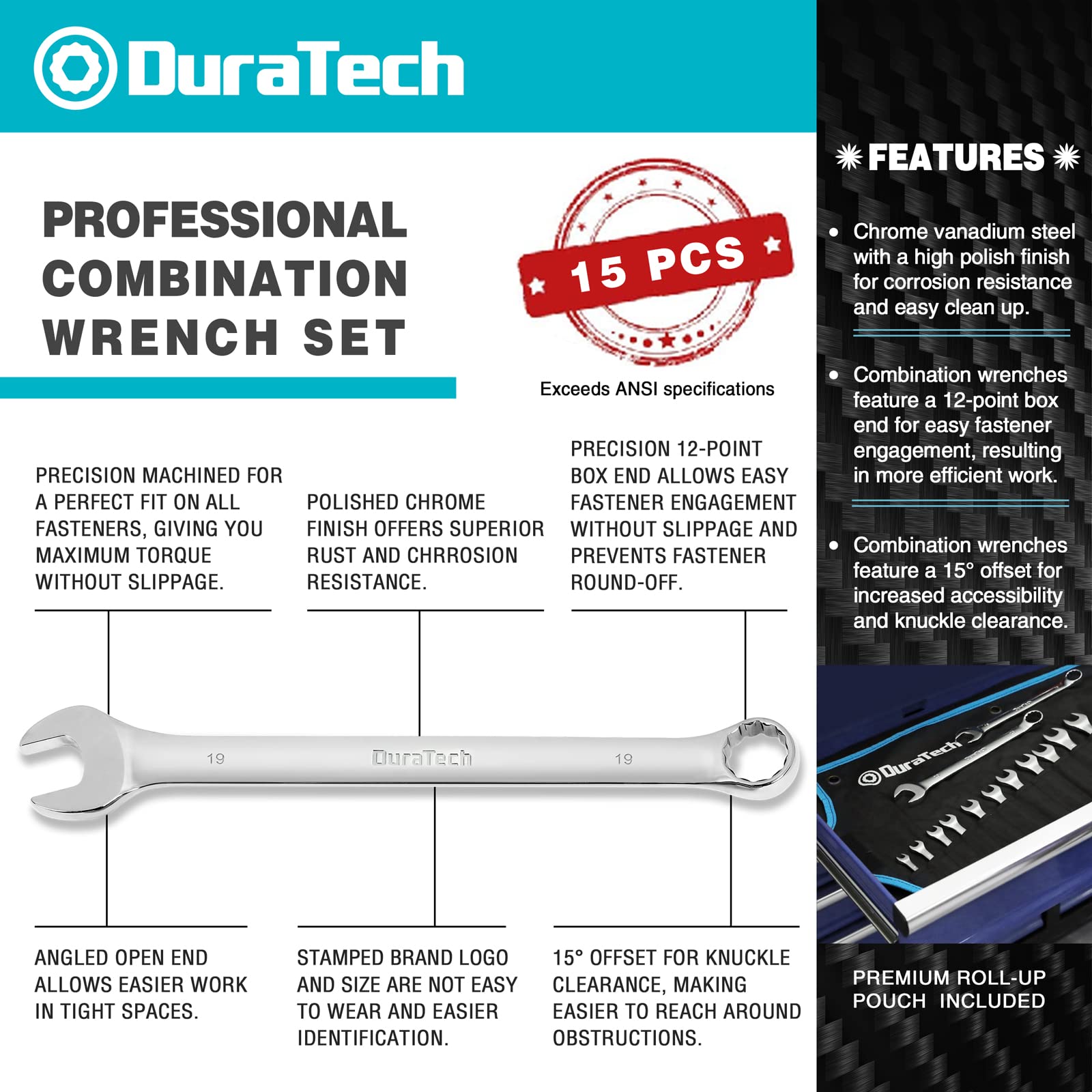 DURATECH 15-Piece Combination Wrench Set - SAE (1/4