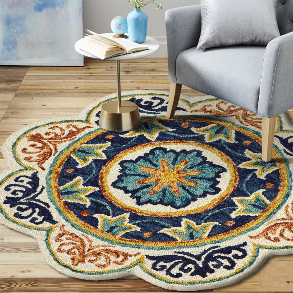 LR Home 6ft Round Indoor Wool Area Rug - Modern Farmhouse Boho Style Handwoven Carpet for Living Room, Bedroom, Office Decor | Ivory/Blue Color | Perfect for Cozy Home, Apartment & Workspace Accent