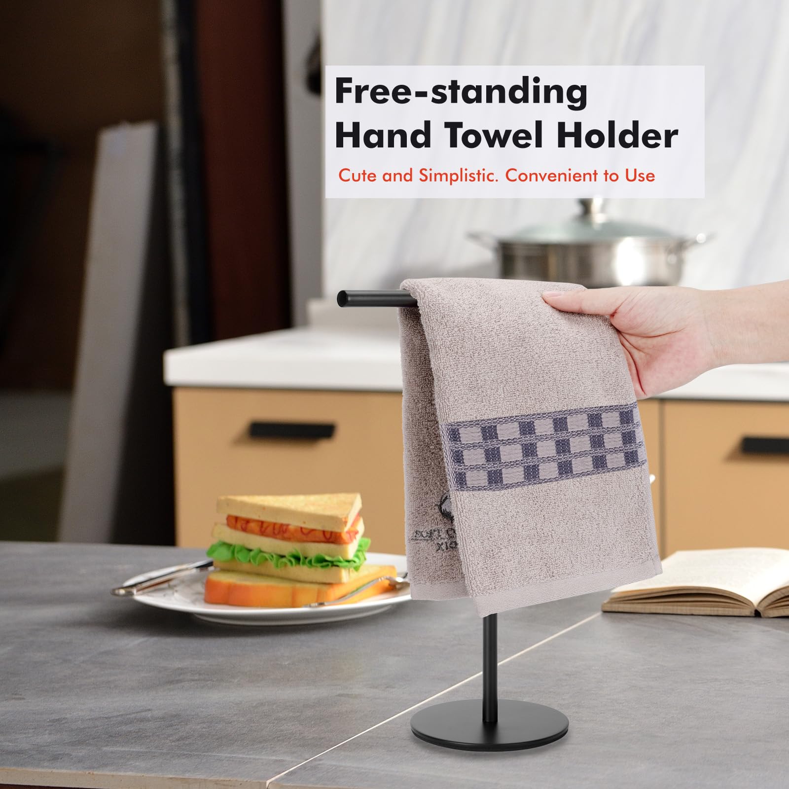 Stainless Steel Black Hand Towel Holder Stand - T-Shape Freestanding Towel Rack for Bathroom & Kitchen Countertop | Matte Black Finish | Perfect for Vanity, Sink Area & Guest Bathroom Organization