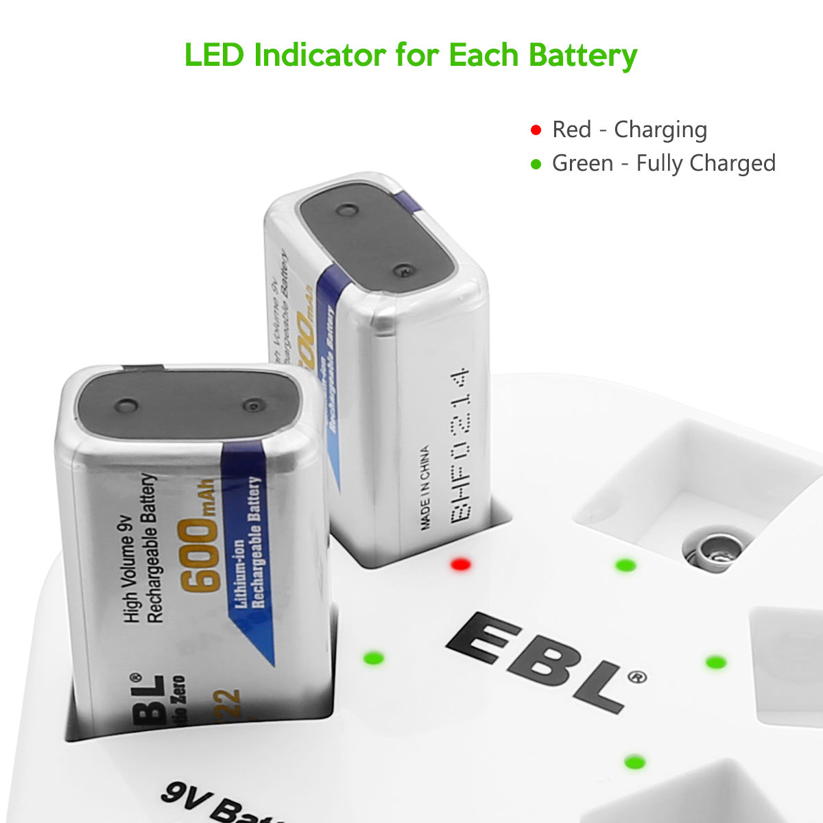 EBL 5-Pack 9V Lithium Ion Rechargeable Batteries with 5-Bay Smart Charger - Perfect for Smoke Detectors, Guitar Pedals & Electronic Devices