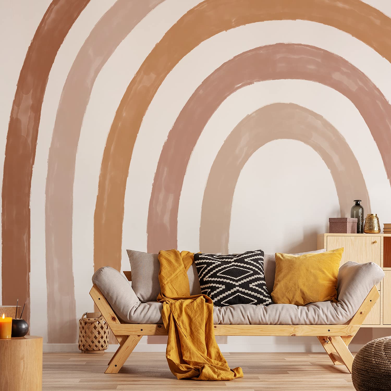 Alwayspon Rainbow Fabric Wall Mural - Self-Adhesive Peel & Stick Wallpaper for Kids Room & Nursery Decor - Boho Brown Rainbow Design - Perfect for Bedroom, Playroom & Dorm Room Wall Decoration